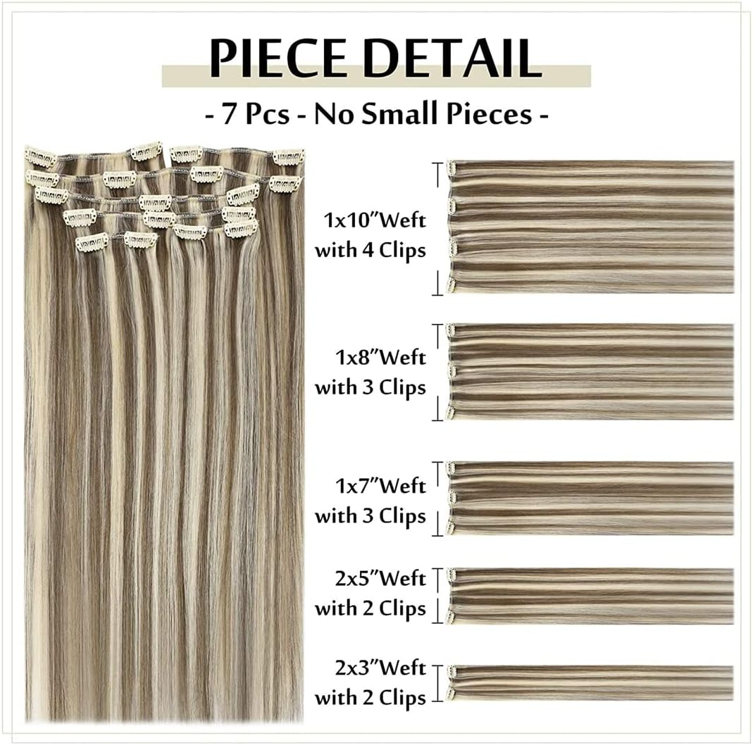 Clip on Human Hair Extensions Piano Hightlight Color Hairpins 7Pcs 100G Double Weft 100% Machine Remy Natural Hair 4 24 4 22Inches 100G image number 3