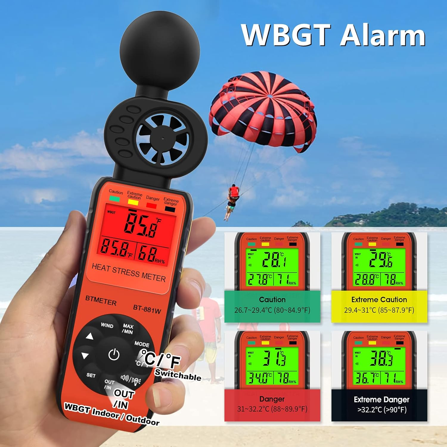 BTMETER BT-881W Heat Stress Meter Anemometer, Digital Indoor/Outdoor WBGT (Wet Bulb Globe Temperature) Meter with Wind Speed, Ambient Temp, Humidity Tester image number 1