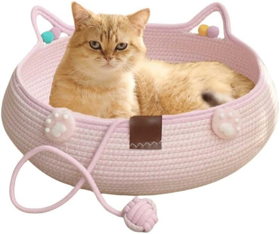 Natural Cat Bed Rattan,Hand Woven Cat Bed with Toy Tail,Washable Cozy Cat Mat Scratcher round Shape for Indoor Cats,Kitten Shaped House Natural Cotton Linen Cat Scratch Pad,Breathable and Odorless image number 6