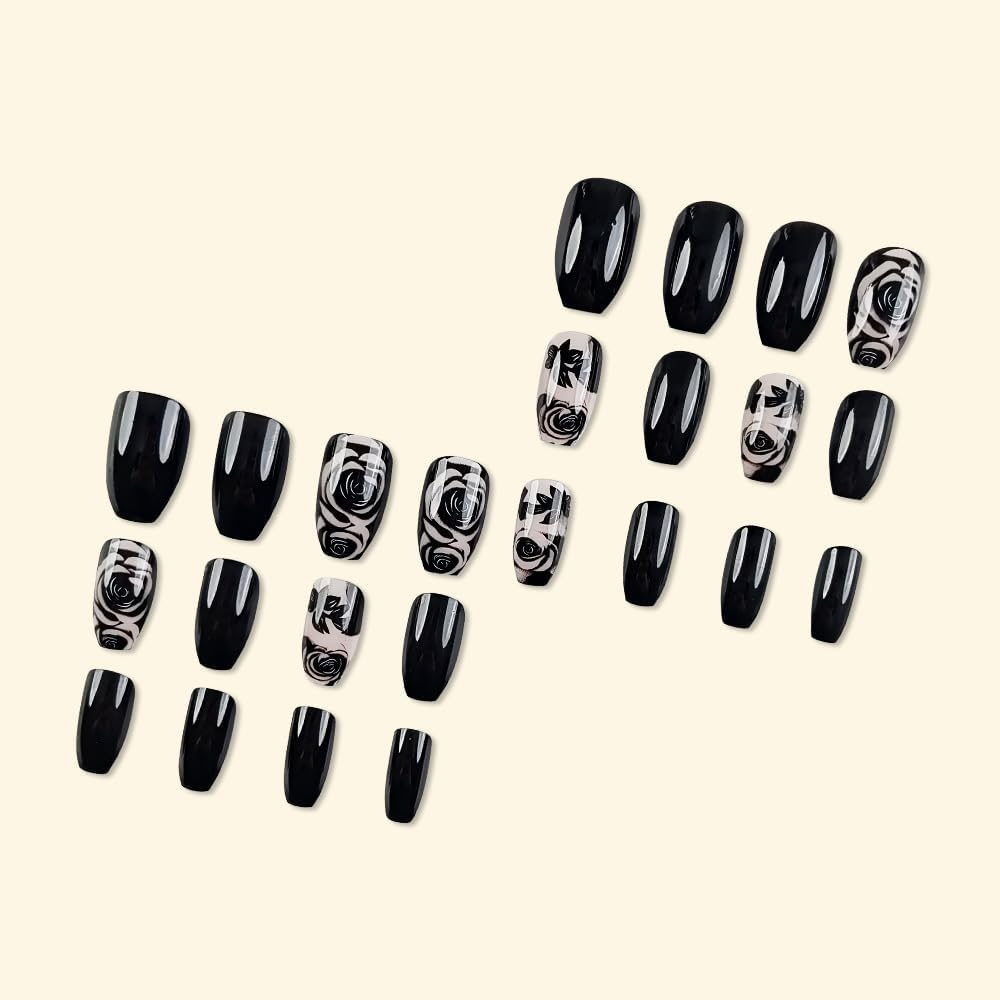 ＴＩＺＹＦＦ Press on Nails, Black Rose Fake Nails, Artificial Nails for Women and Girls -24 Pcs