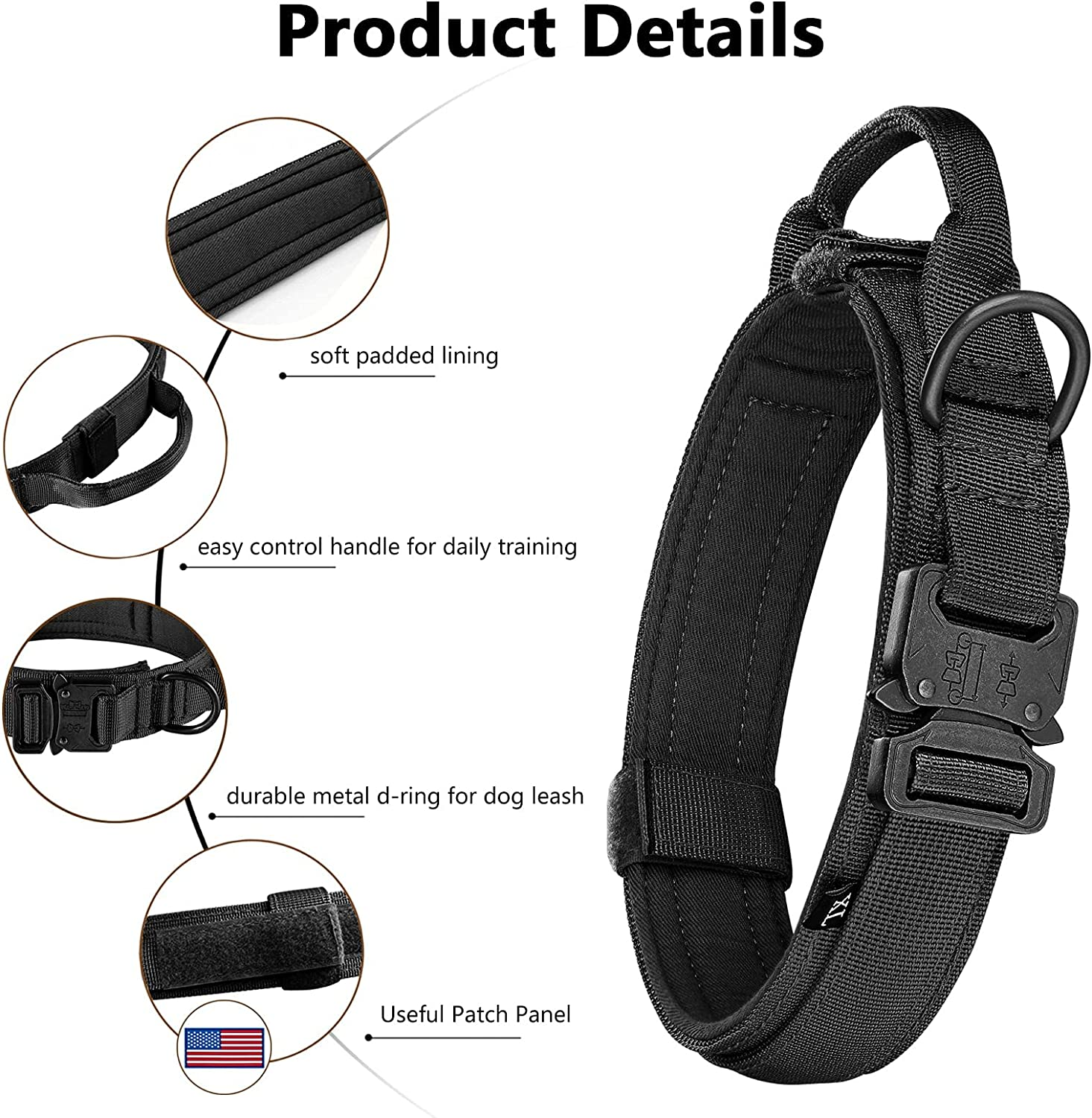 DAGANXI Tactical Dog Collar Leash Set, Adjustable Military Training Nylon Dog Collar with Controll Handle and Heavy Metal Buckle for Medium and Large Dogs，With Patches and Airtags Case (L, Black-Set) image number 5
