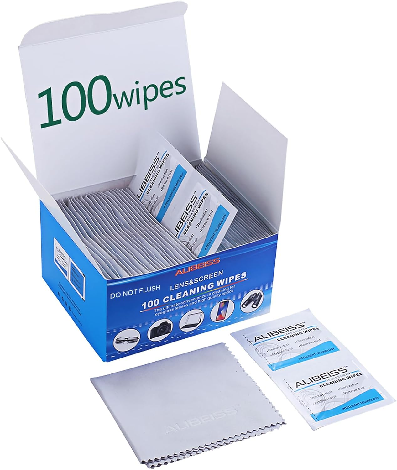 Pre-Moistened Lens Wipes ALIBEISS Screen Wipes for Glasses, Camera, Ipad, Tablets, Smartphone, Screens and Other Delicate Surfaces,Pack of 100