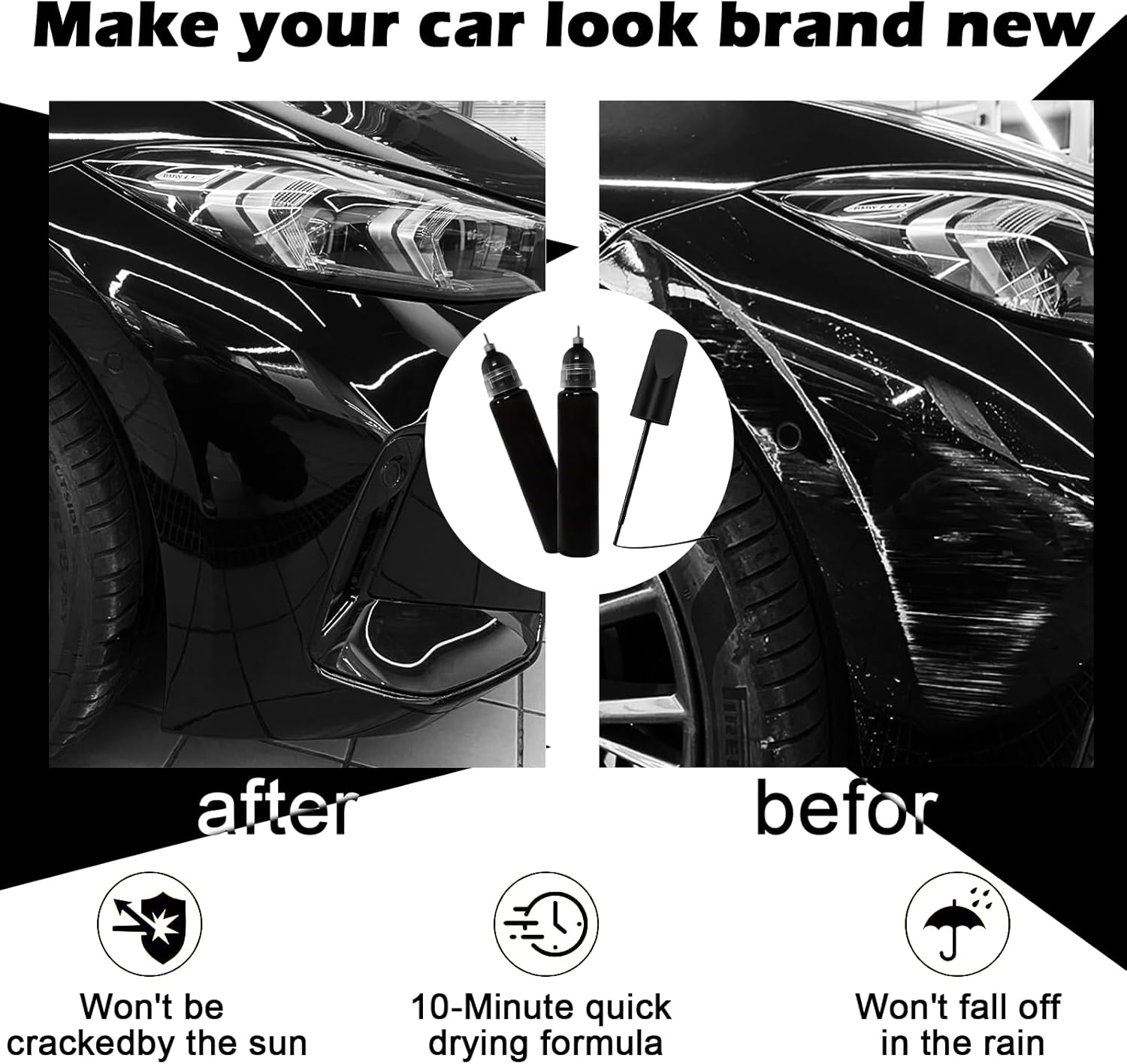 Jeyzuroa 2 Pack Car Scratch Remover Paint Pen, Quick and Easy Vehicle Scratch Repair Paint Fill Pen, Touch up Paint for Rims, Quick Scratch Repair Marker for SUV, Truck, RV, Minor Paint Damage（Black）