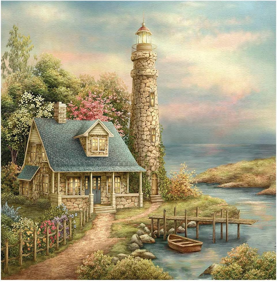 5D Diamond Painting Kits, Lighthouse Rural House Sea Flowers WOWDECOR Full Drill DIY Diamond Art Cross Stitch Paint by Numbers image number 1