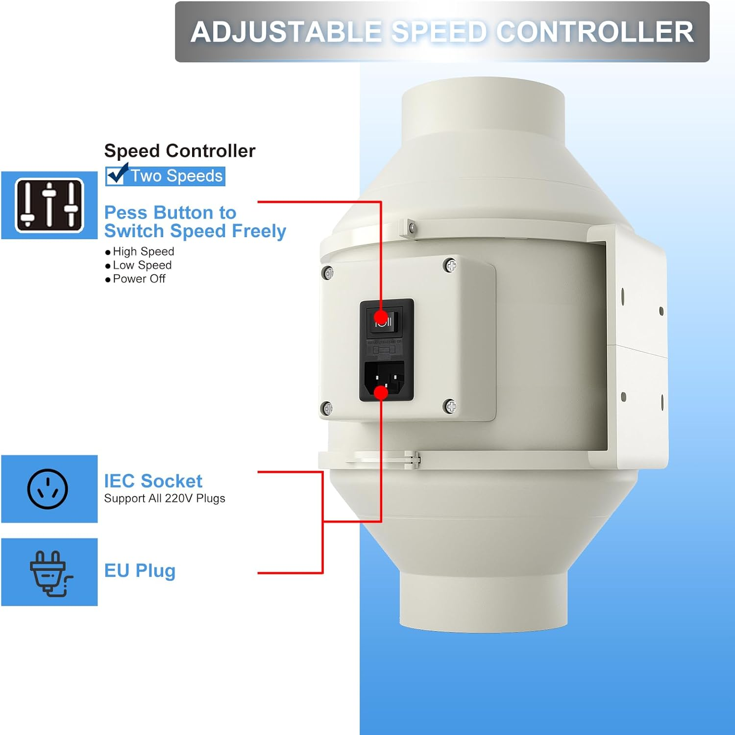 Fangofast Flue Duct Fan 100 Mm Inline Duct Fan Exhaust Fan 230 V Quiet with IEC Socket EU Plug + 1.5 M EU Power Cable for Bathroom, Office, Growth Rooms image number 4