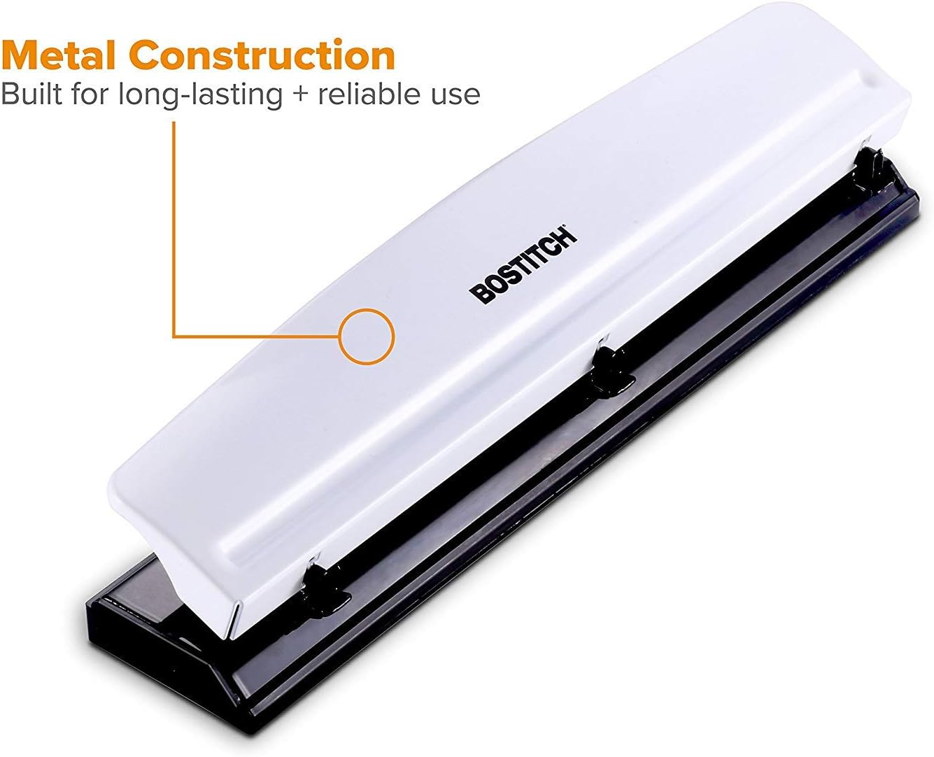 Bostitch Office 3 Hole Punch, Durable Metal,Rubber Base, 12 Sheets, White (KT-HP12-WHITE), 1-Pack image number 6