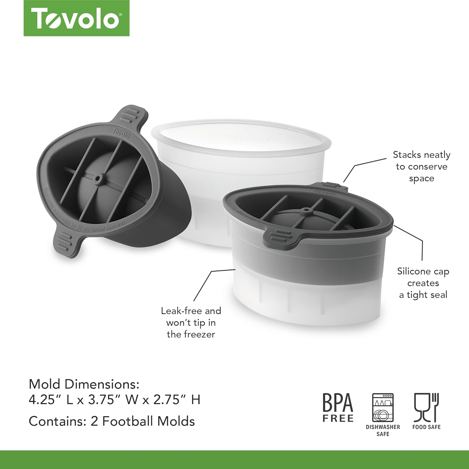 Tovolo Football Ice Molds, Set of 2 Football-Shaped Ice Molds, Stackable Sports Ice Molds, Sports-Themed Ice Makers, Giftable Sports Whiskey Ice Ball Molds, Bpa-Free & Dishwasher-Safe, Frost/Charcoal image number 2