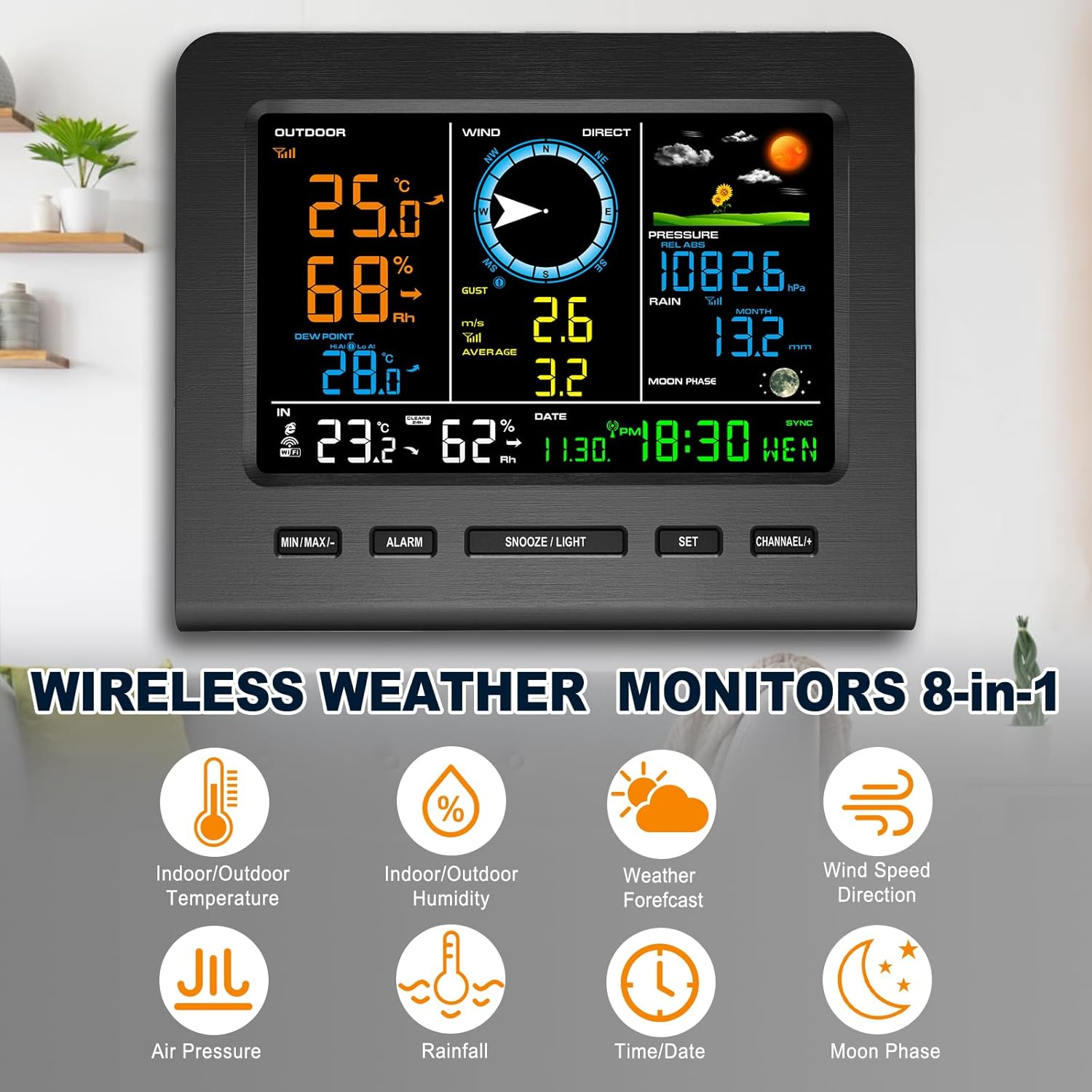 Urageuxy Wifi Weather Station with Outdoor Sensor, 7-In-1 Weather Station with Weather Forecast(Thermo-Hygrometer/Rain Gauge/Wind Speed Sensor/Wind Direction,Moon Phrase, Alarm Clock,Air Pressure)