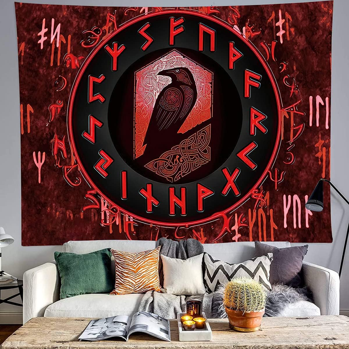 ST Soleme.Tc Norse Viking Tapestry for Bedroom Aesthetic Red Wall Hanging Raven Meditation Runes Nordic Pagan Tapestry Wall Art for Men Room Home Decor 59"X51"