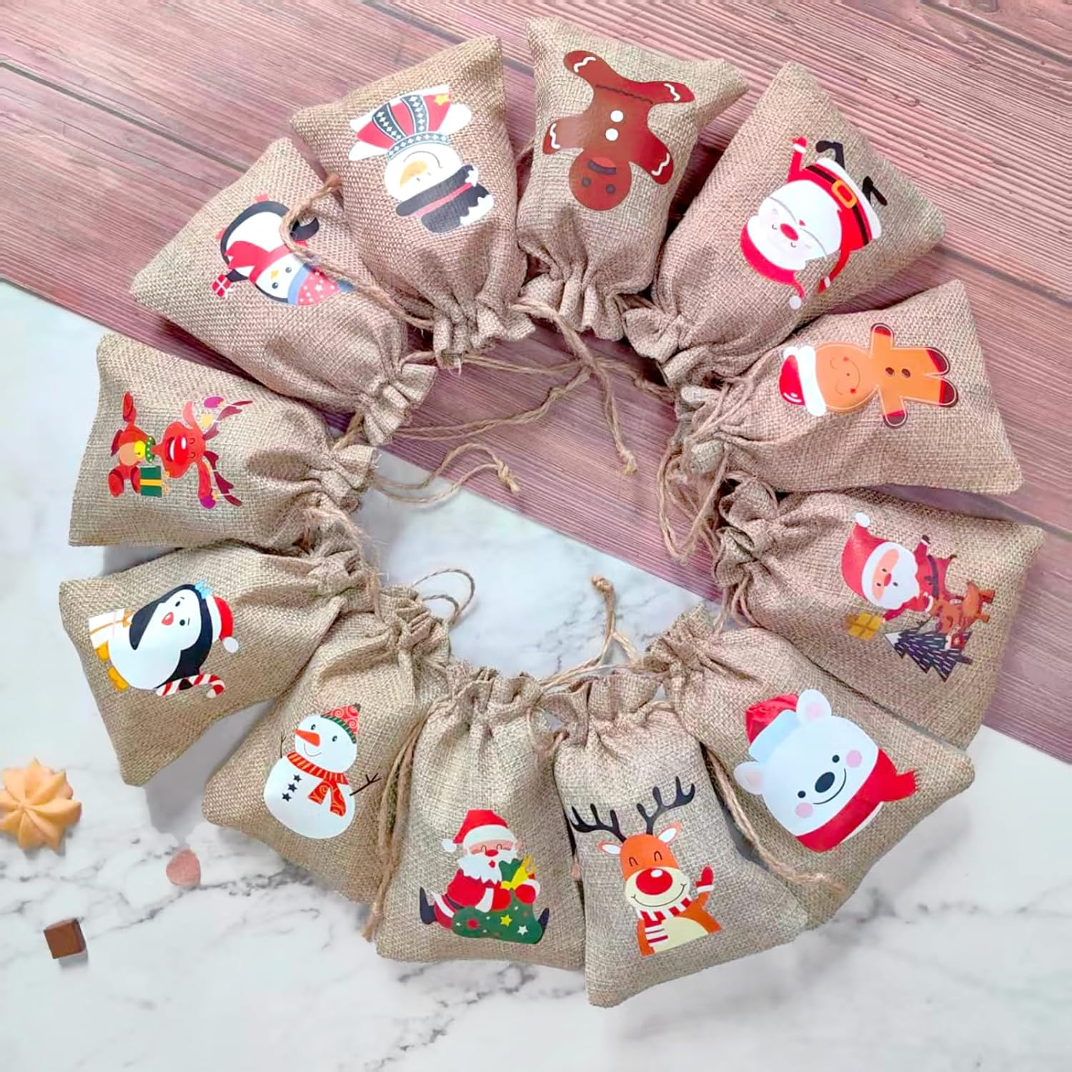 12 Pack Christmas Linen Bags, 10 X 15 Cm Bags, Candy Goodie Treat Bags, Drawstrings Burlap Bags for X&lsquo;Mas Party, Reusable Wrapping Bags (12 DESIGNS)
