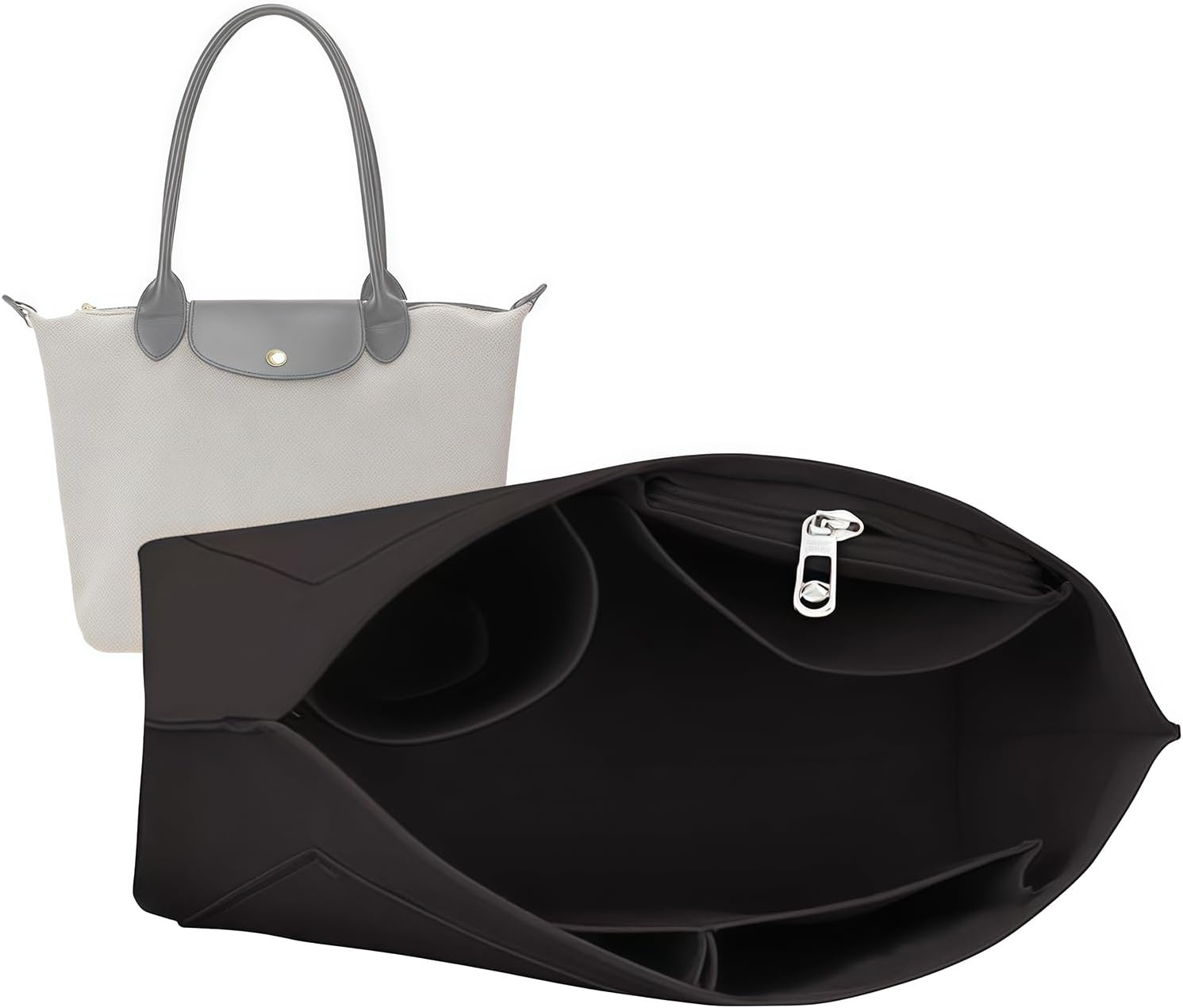 SSKHE Black Bag Organiser for Longchamp, Portable Organiser for Handbag, Purse, Folding Tote Bag, Felt Inner Liner, Multi-Pocket image number 1