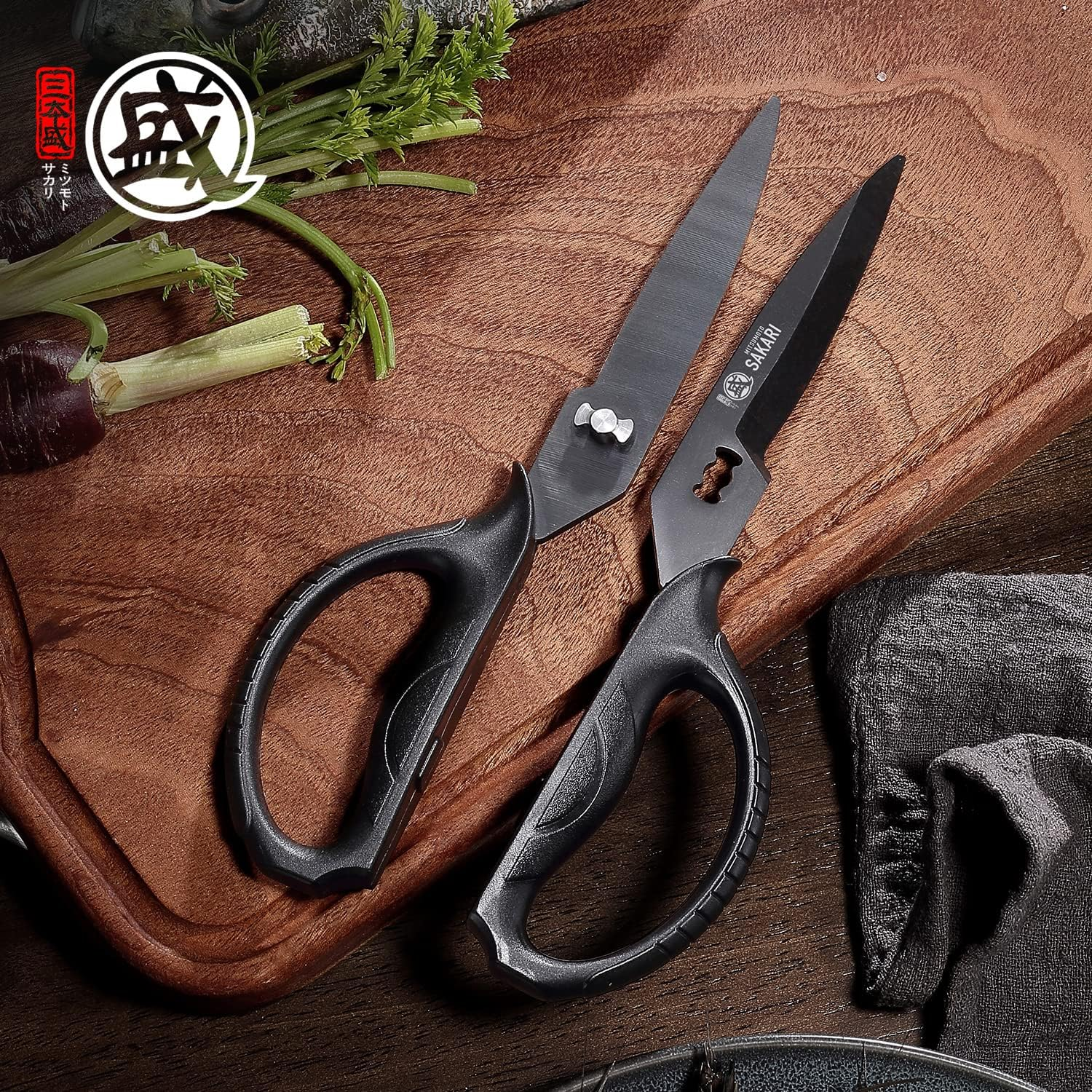 MITSUMOTO SAKARI Japanese Kitchen Scissors All Purpose, Black Titanium Plated Heavy Duty Kitchen Scissors, Multipurpose Cooking and Herb Scissors, Micro Serrated image number 3
