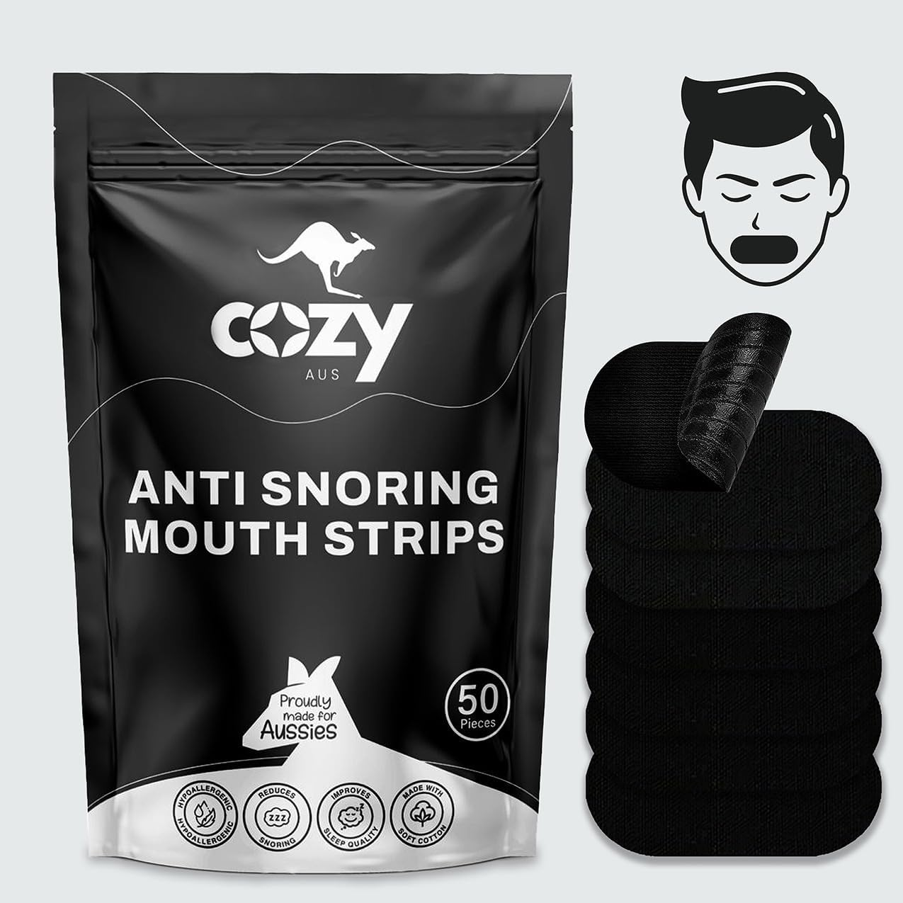 Mouth Tape for Sleeping 50 Pack &ndash; anti Snoring Sleep Strips for Better Sleep, Clear Breathing & Snore Reduction, Hypoallergenic Mouth Tape | Aussie Brand Cozyaus image number 1