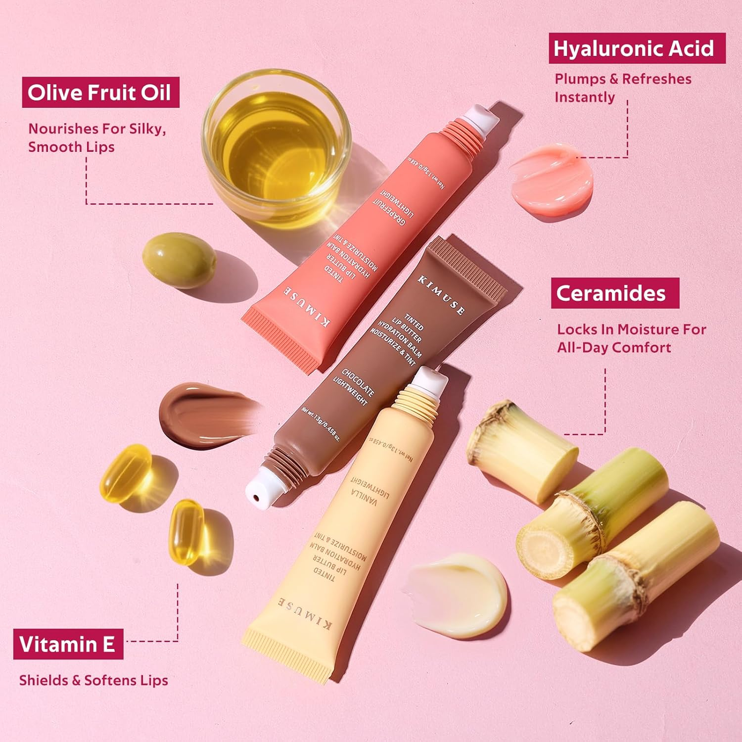 KIMUSE Tinted Lip Balm Trio, Hydrating Lip Butter Moisturizing for Shine Finish & Soft, Cruelty-Free & Vegan Formula