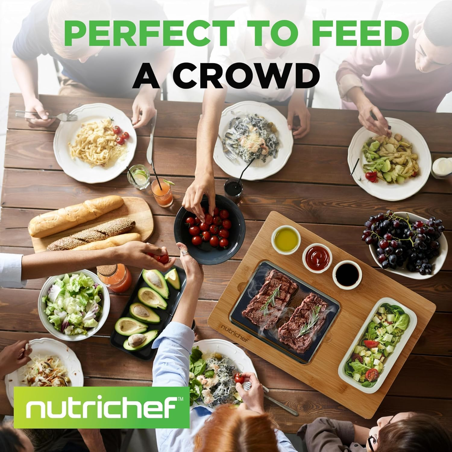 Nutrichef Sizzle Hot Stone Cooking Set with Bamboo Platter, Ceramic Sauce Bowls & Stainless Steel Tray &ndash; Tabletop Grill for Steak, Seafood & Dining Entertainment image number 1