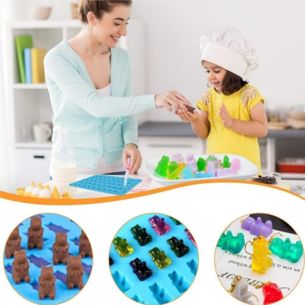 HIDOSNG 5Pcs Gummy Bear Candy Molds Silicone Gummy Molds 2 Dropper, Non-Stick Silicone Candy Mold Including Mini Dinosaur, Bear Shape, Heart, Donut Fruit for Jelly Chocolate (Pink+Green+Purple+Blue) image number 5