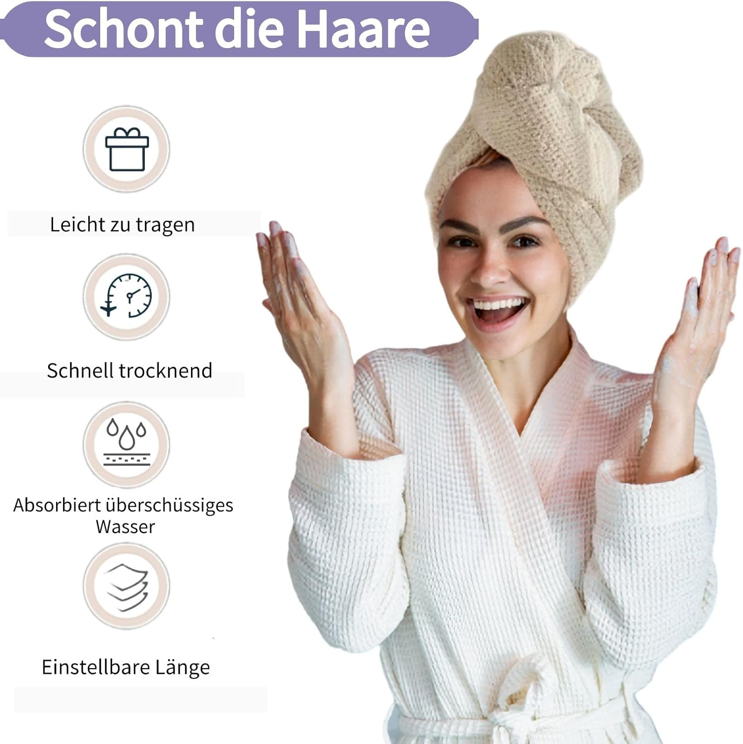 Pruhofan Hair Turban Microfibre Towel Hair Quick-Drying Towel Hair Turban Towel with Button, Microfibre Towel for Hair, Hair Turban Quick Drying for All Hair Types (2 Pieces) image number 1