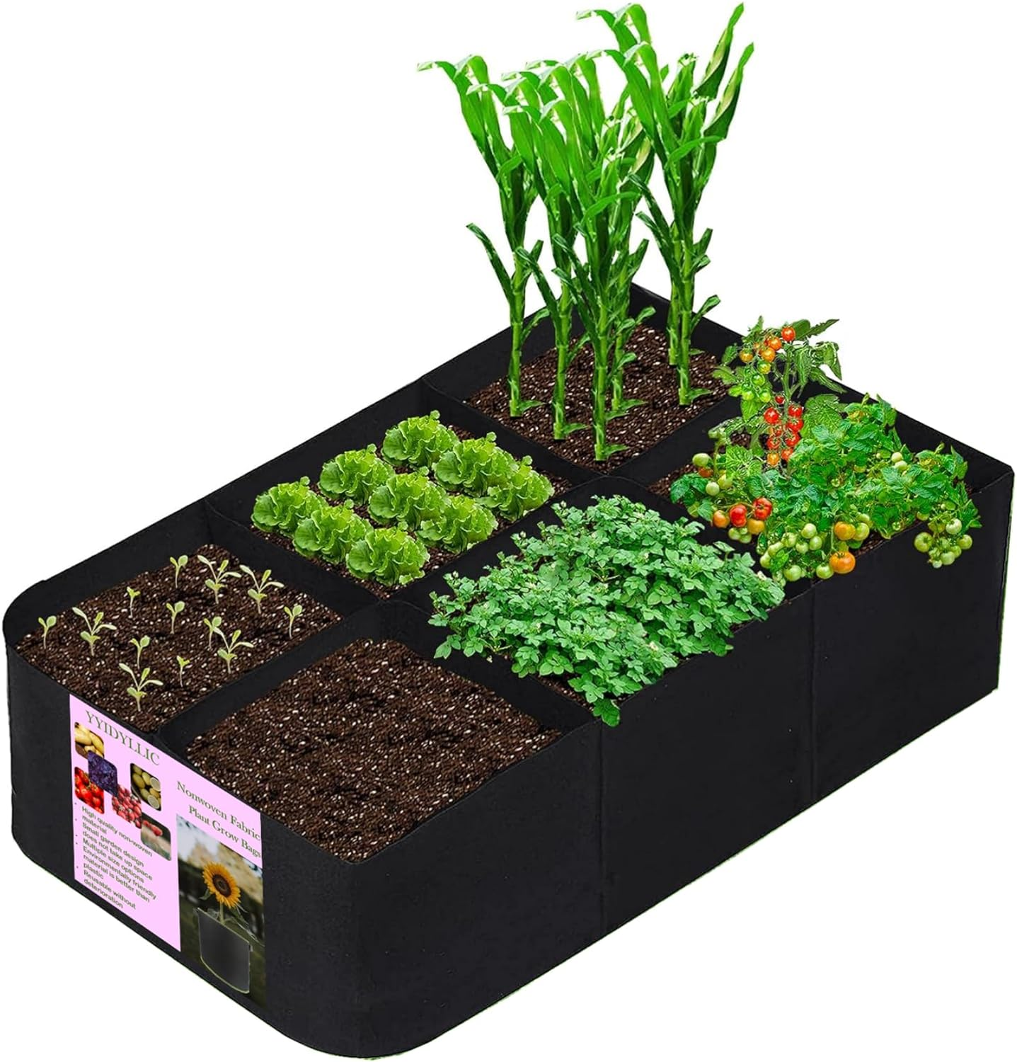 AU005-6 1 Piece 6 Compartments 57 Gallon Plant Grow Bag,Rectangle Fabric Raised Garden Bed,Agriculture Bags for Vegetables Fruits Plants Flowers,Gardening Decorations for Indoor and Outdoor