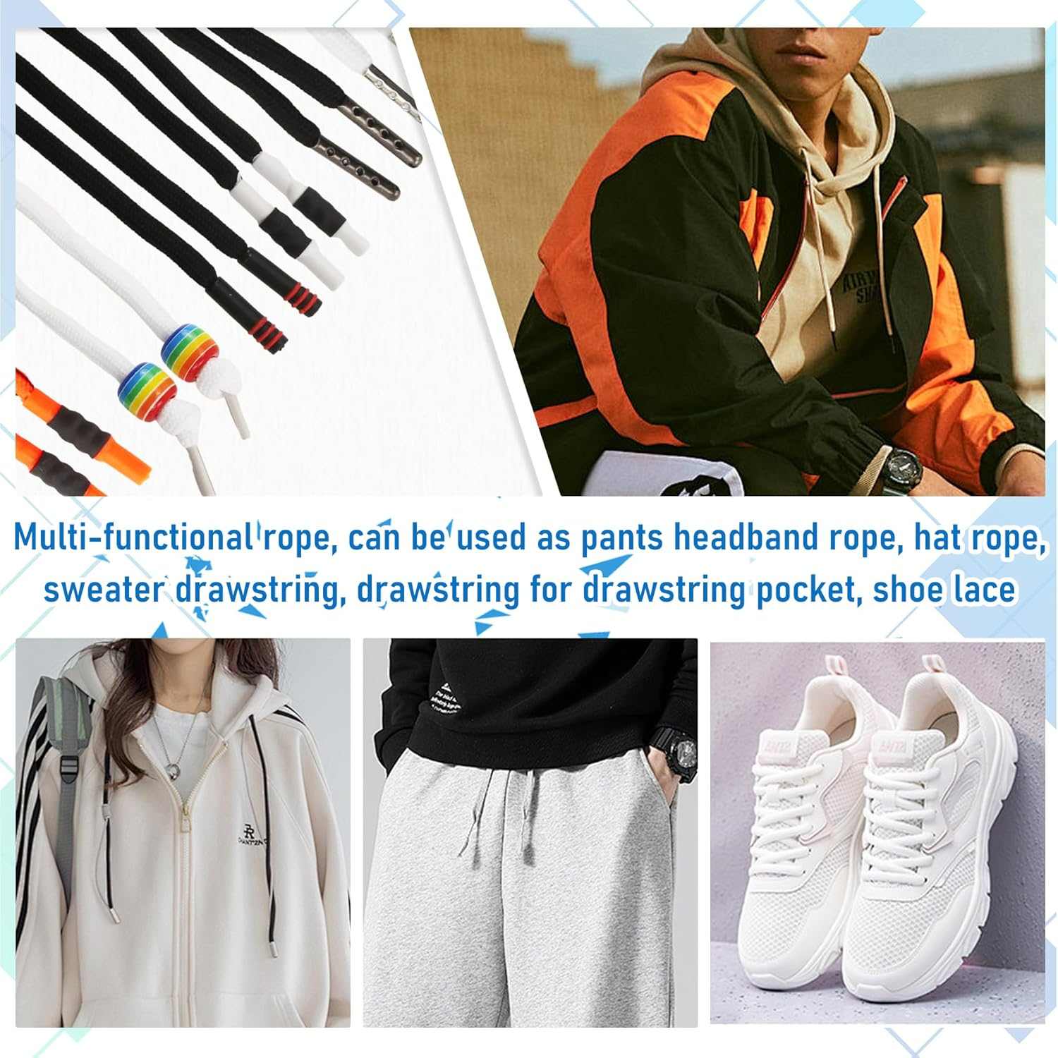 EKIND 2PCS 51 Inch Long Universal Drawstring Cords Replacement with 1PC Easy Threaders, Suitable for Sweatpants,Shorts,Hoodie String, Simple and Durable(Black + White Cord, round Metal Head) image number 1