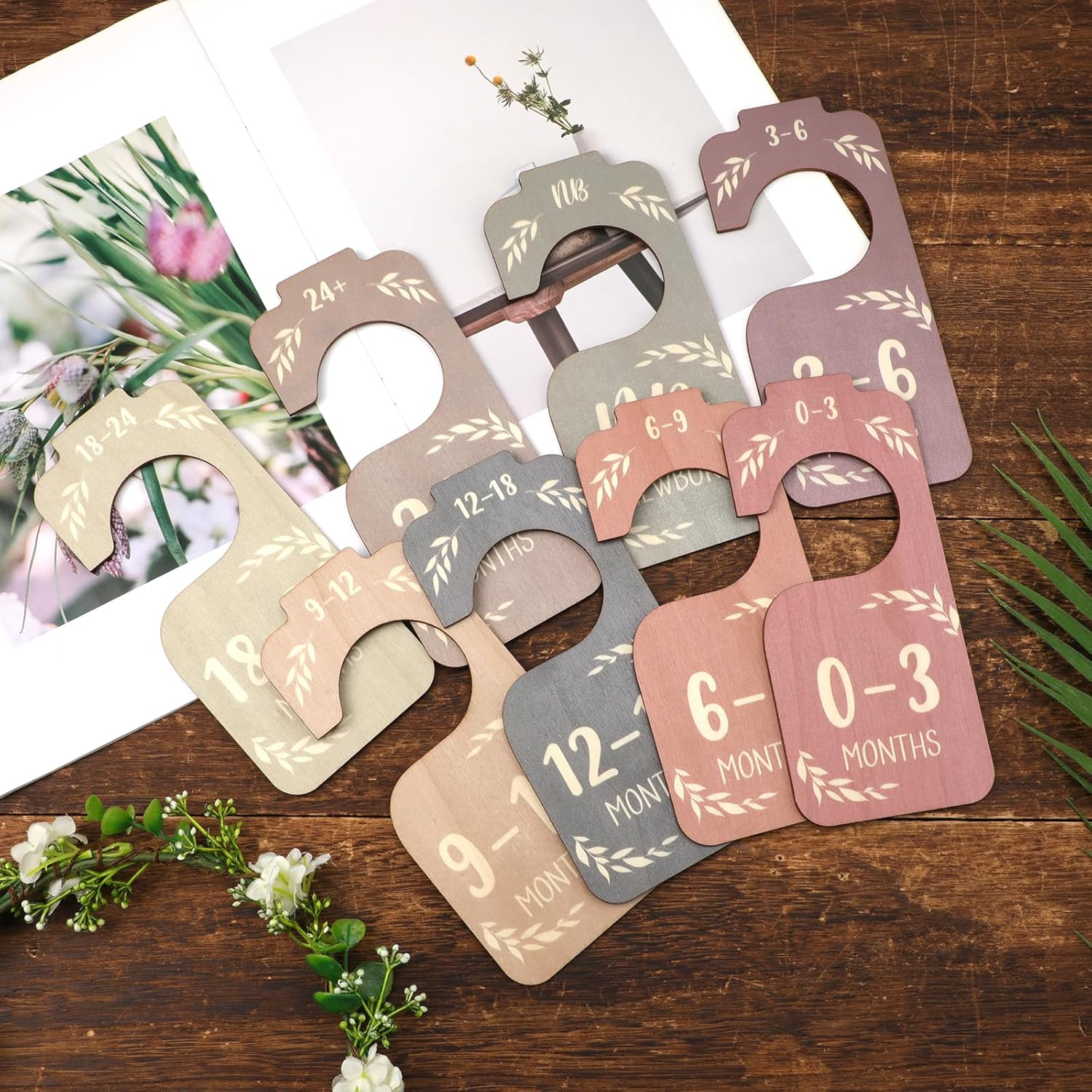 8Pcs Baby Closet Dividers for Clothing Organizer, Double-Sided Baby Wardrobe Divider Multi-Color Wooden Clothes Size Classification Hanger from Newborn to 24 Months Nursery Decor image number 1
