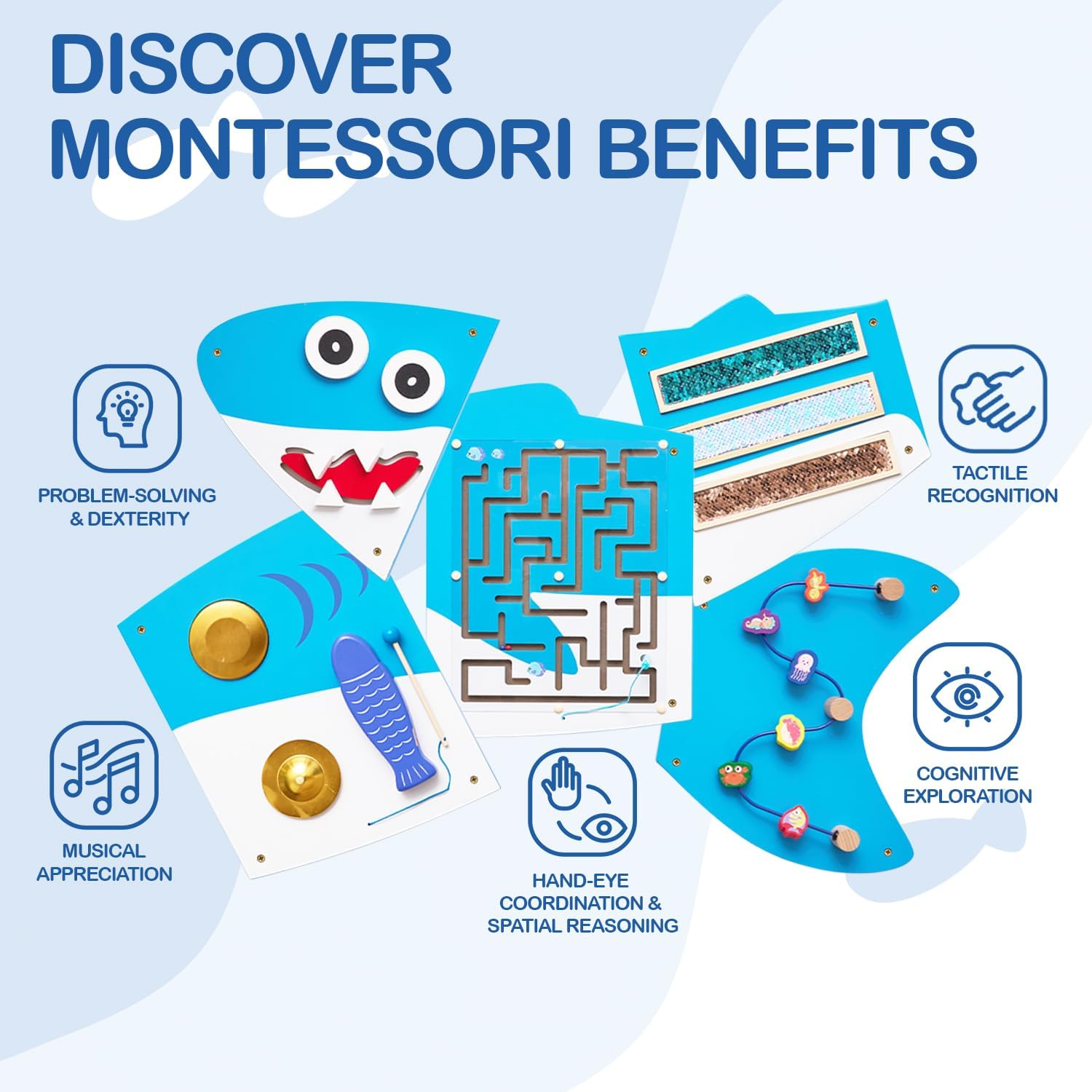 Shark Montessori Busy Board, Sensory Board, Educational Toys, Sensory Wall Panel, Wall Toys, Daycare Furniture, Playroom Furniture, Learning Toys, Boys and Girls 6 M+