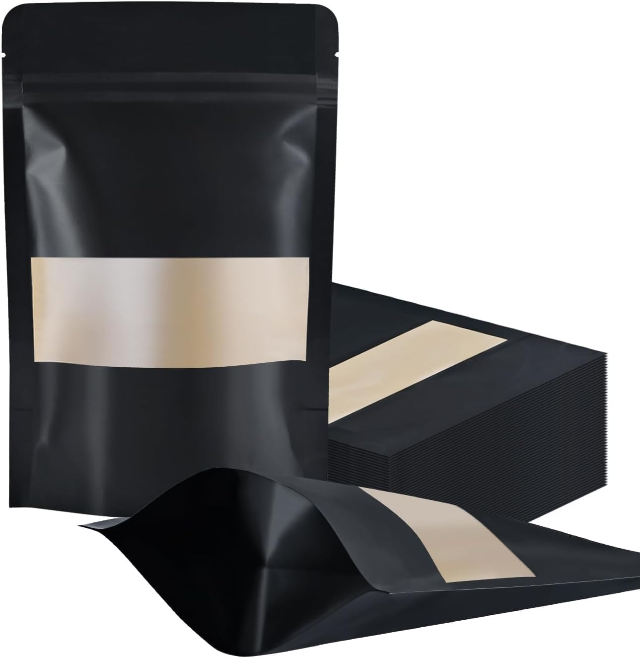 100/50 Pcs Resealable Bags Stand up Black Kraft Paper Bags with Matte Window, Zip Lock Food Storage Bags for Packaging Products, Reusable, Sealable (Black/50Pcs, 10X15Cm)