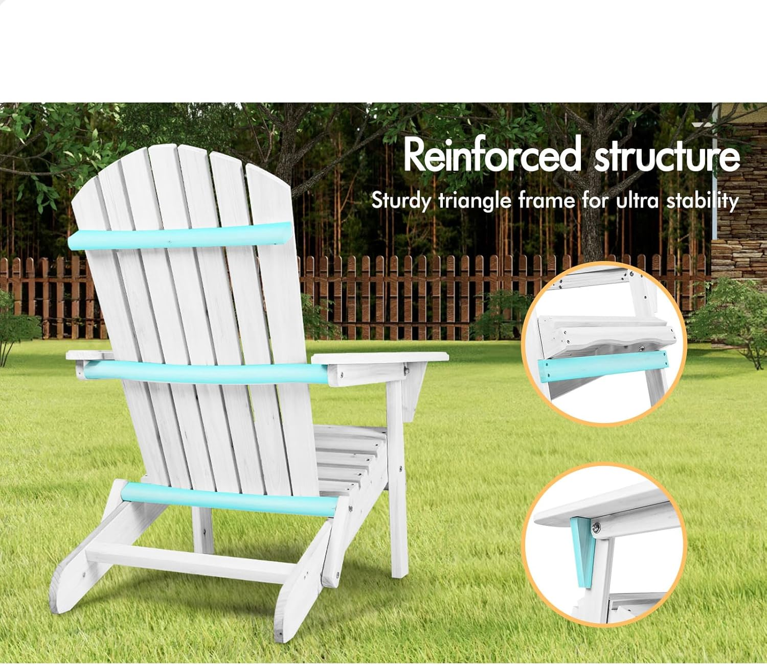 ALFORDSON 3Pcs Wooden Muskoka Adirondack Chair and Desk, Fir Wood Lawn Furniture Seater for Patio Garden Porch, Slatted Beach Armchair Lounge, 180Kg Weight Capacity, White Color - White image number 4