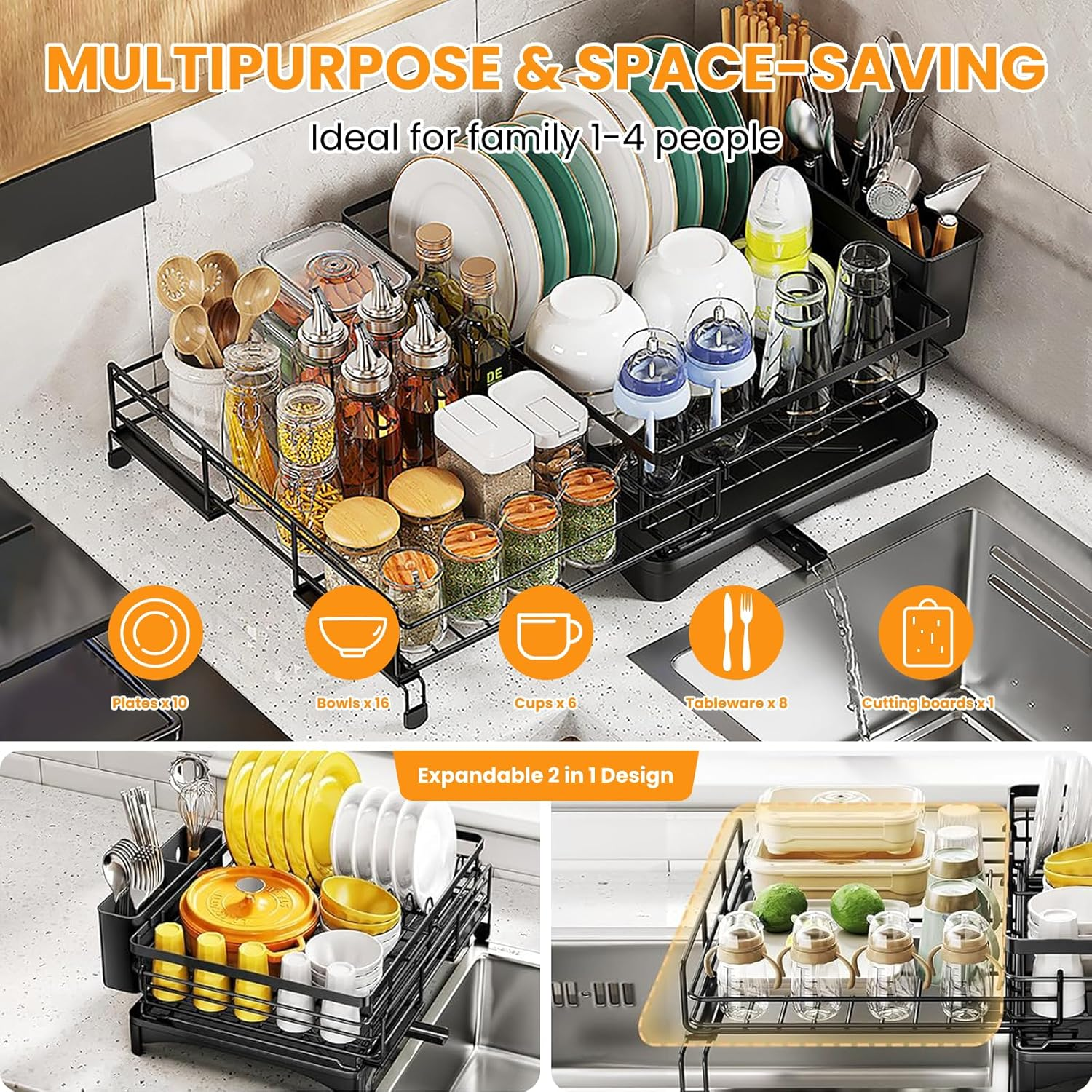 Dish Drying Rack, Expandable Dish Racks for Kitchen Counter and Sink, Drying Rack Dish Drainer with Cutlery Holder for Kitchen Storage & Organisation