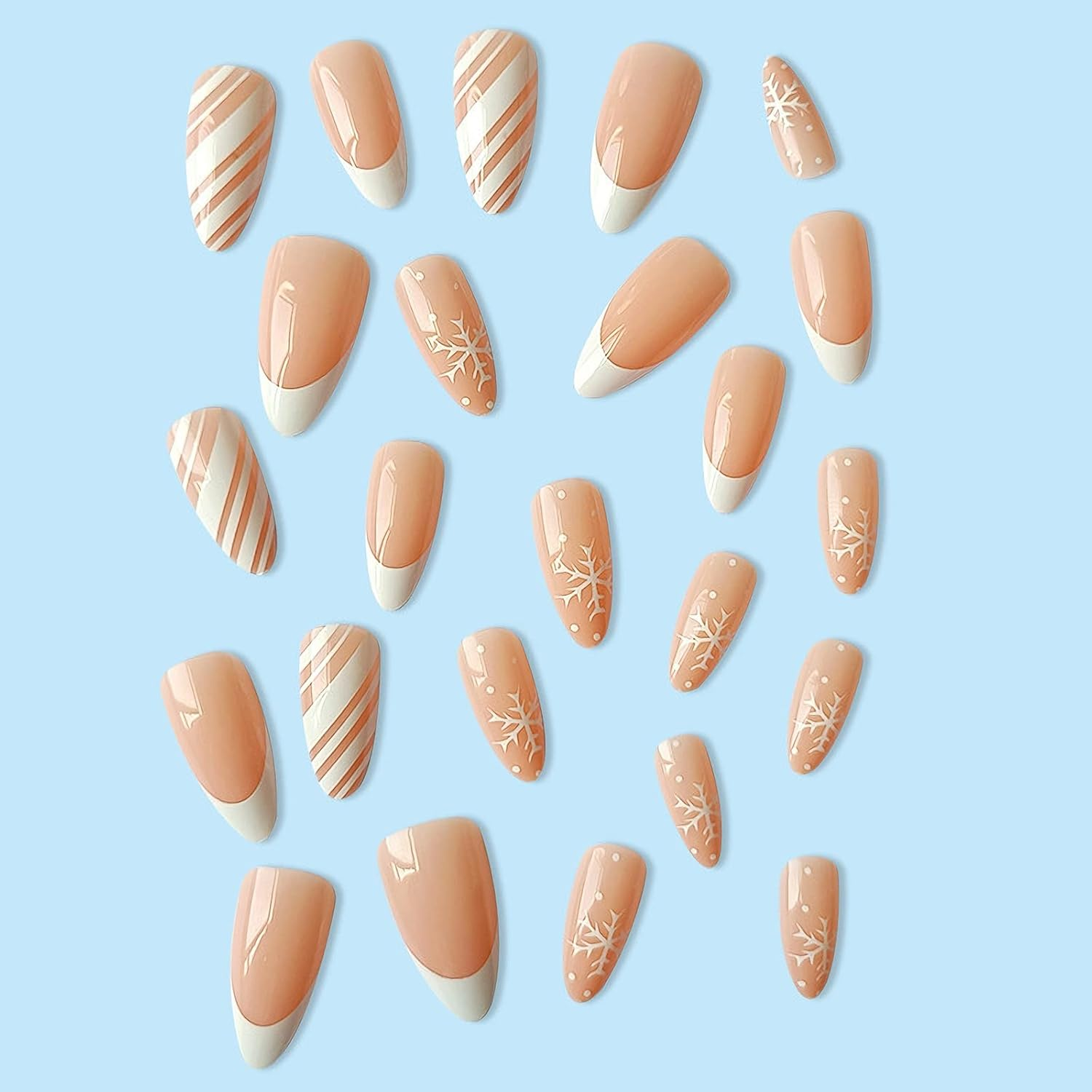 24 Pcs Snowflake Fake Nails Medium with White Nail Tips Designs, Almond Shaped Christmas Press on Nails Glossy Full Cover Glue on Nails with White Snowflakes Design for Women Girls image number 5