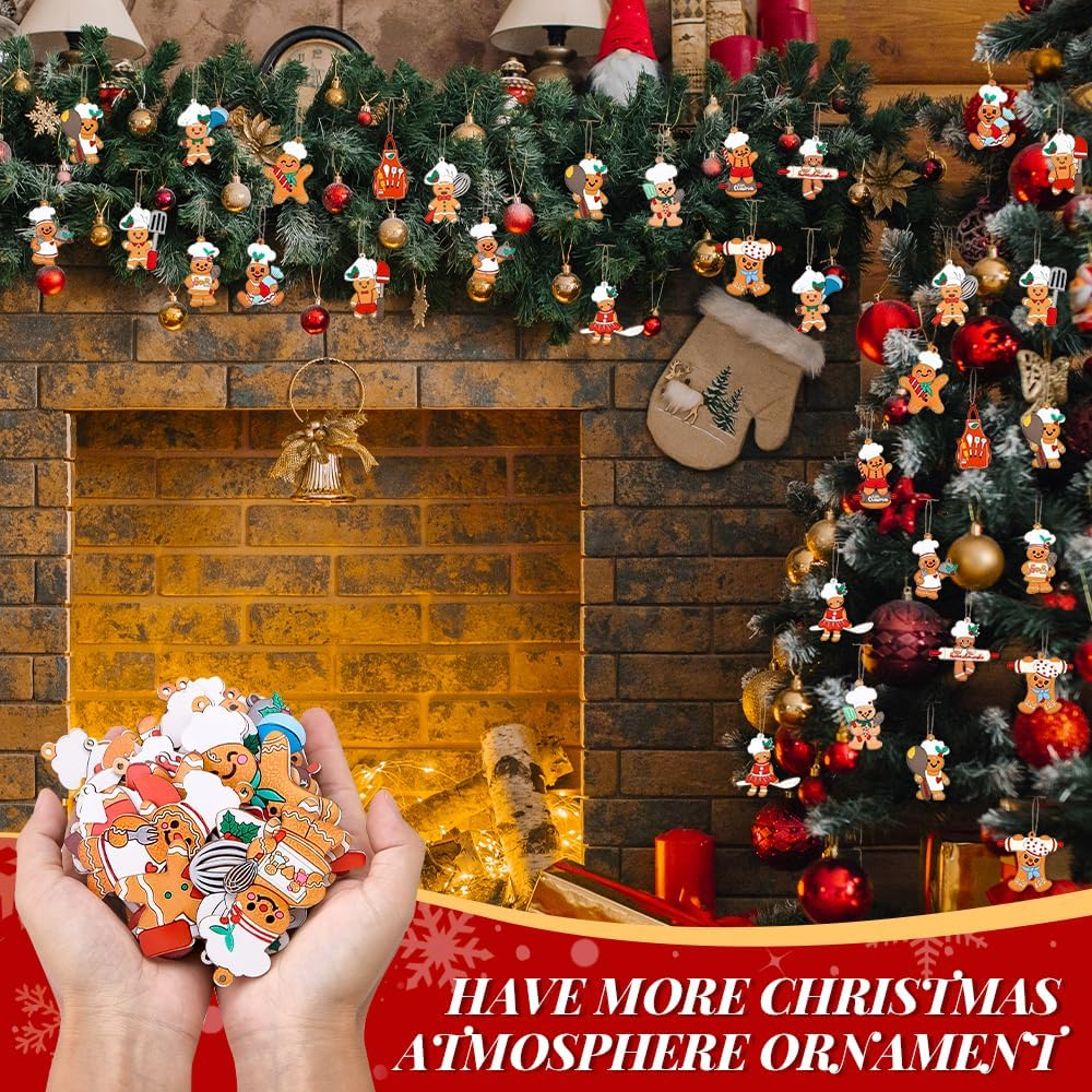 AUTOWT 30Pcs Wooden Gingerbread Christmas Ornaments Set, Assorted Ginger Man Hanging Decorations with Strings, Snowman Xmas Tree Hanging Figurine for Christmas Festive Season Holiday Party Home Decor image number 6