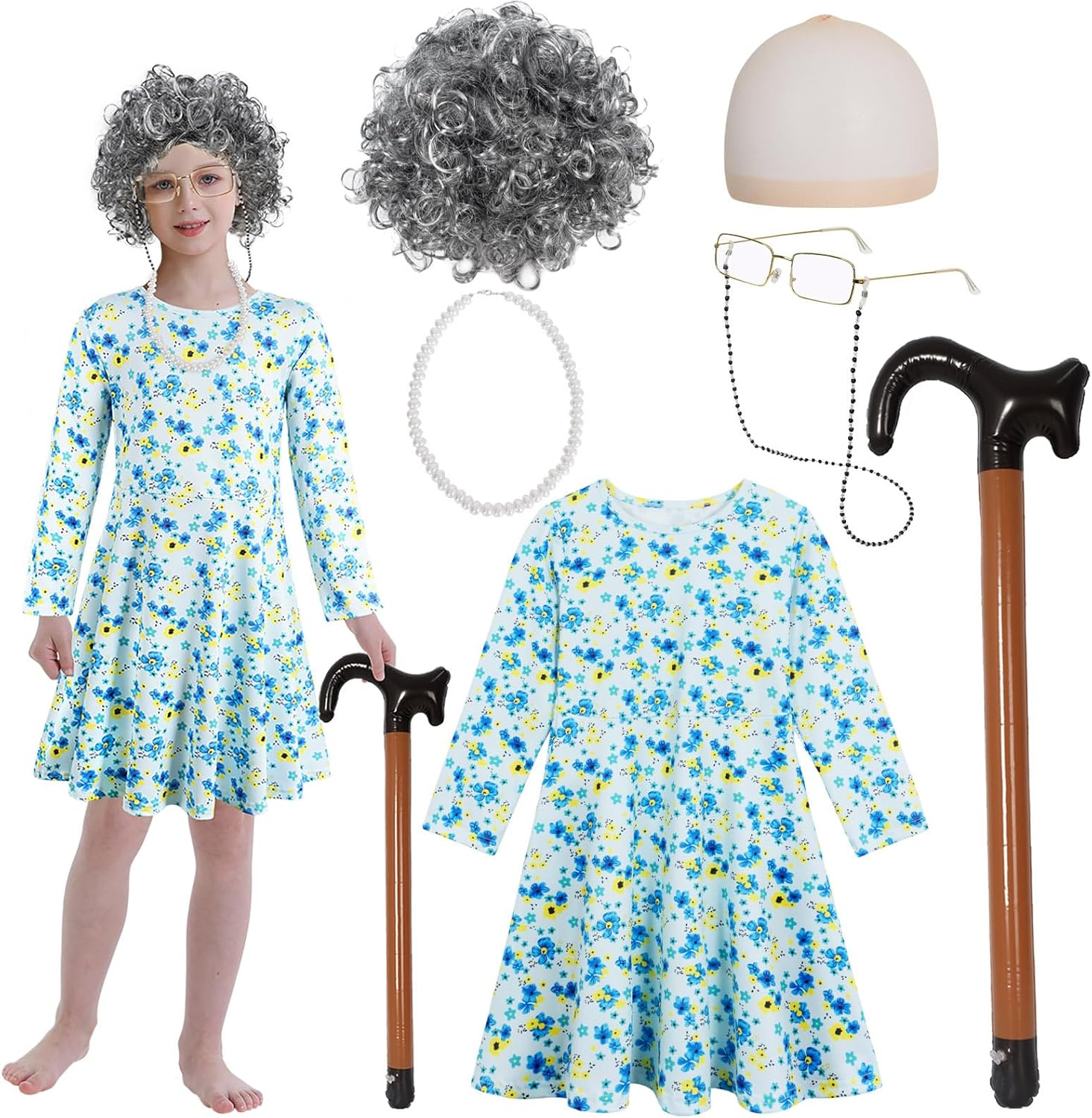 100 Days of School Costume Old Lady Costume for Kids Girls Granny Dress up 100 Year Grandma Halloween Cosplay with Accessories image number 4