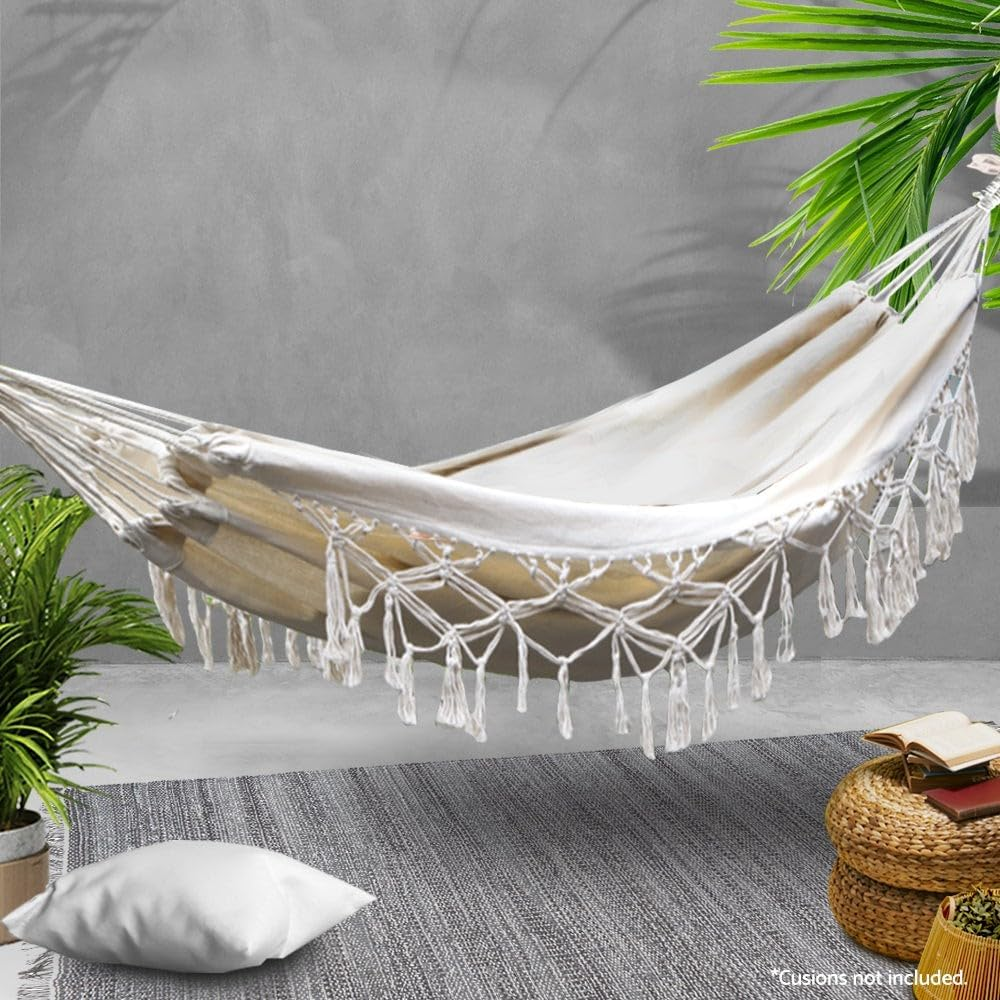 Gardeon Hammock, 2 Person Bed Portable Camping Swing Hanging Chairs Hammocks Patio Backyard Porch Outdoor Indoor Furniture, 150Kg Capacity Handcrafted Tassels Beige image number 5