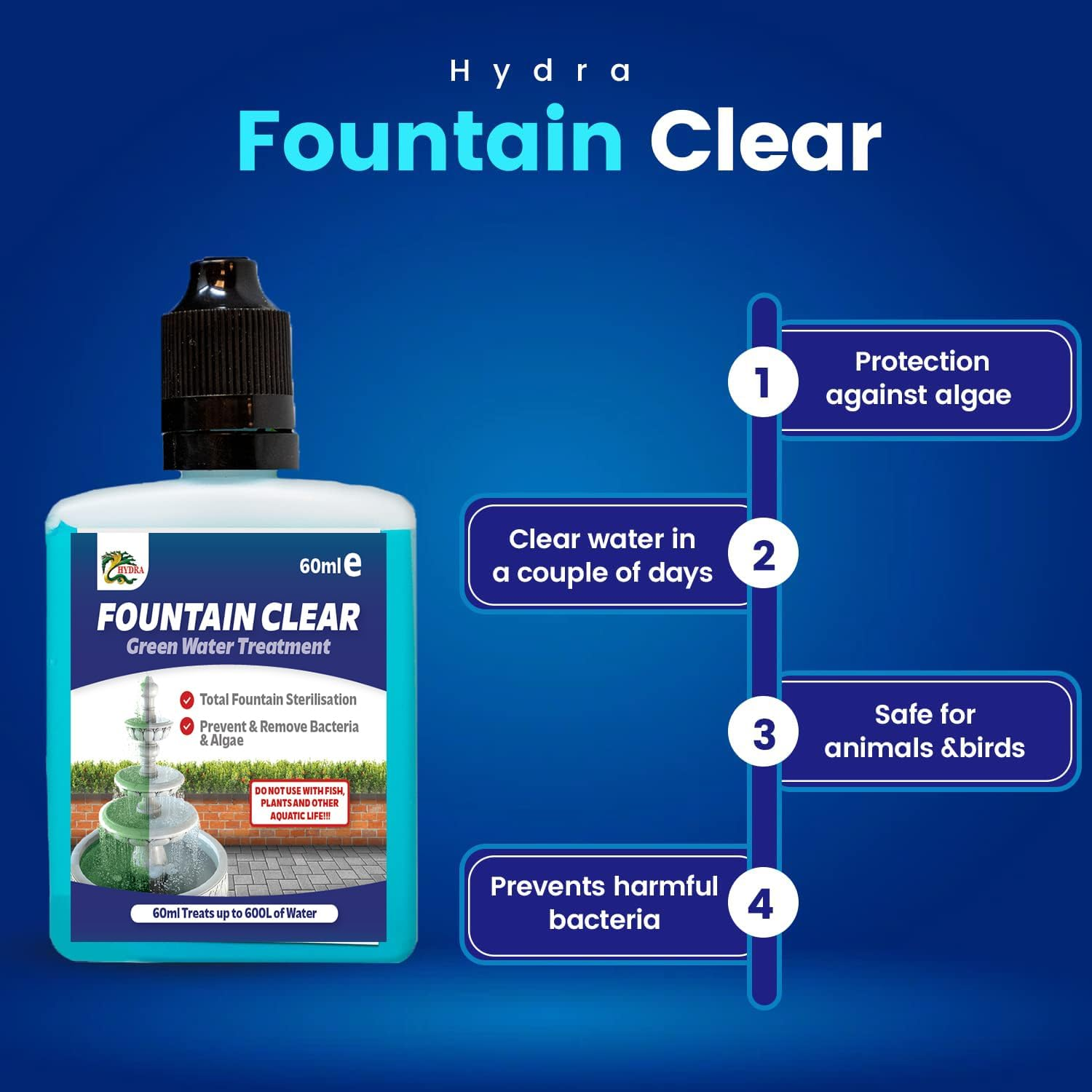 Hydra Fountain Clear Water Feature Cleaner | 60Ml Treats 1,800L Highest Dilution Rates - Water Feature Treatment Keeps Water Crystal Clear from Algae, Cleans Water & Biofilm Build-Up image number 5