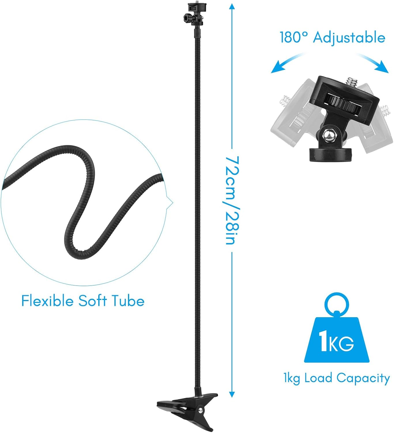 Zolyet 72Cm/28In Webcam Stand Ible Desk Mount Bracket with 1/4 Inch Screw 1Kg Load Ty for Web Camera C930E/C930/C920/C922X/C922/C925E/C615 for Phone Small Video Light Black image number 1