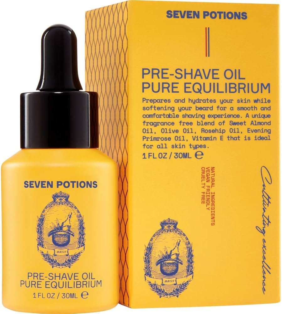 Seven Potions Pre Shave Oil for Men 30Ml for Sensitive Skin, Prevents Irritation. Close Shave with a Premium Organic Shave Oil. 100 Natural. Reduces Nicks & Cuts. Lubricates & Protects Face
