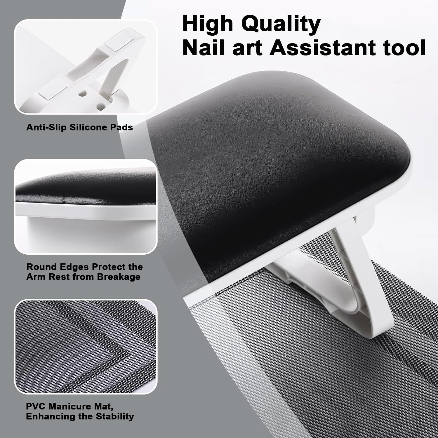 PU Leather Nail Arm Rest for Nails Tech, Foldable Hand Stand for Nail Tech, Big Nail Arm Rest with PVC Table Mat Microfiber with Bracket Manicure Arm Rest for Nail Salon Technician- H8 (Black)