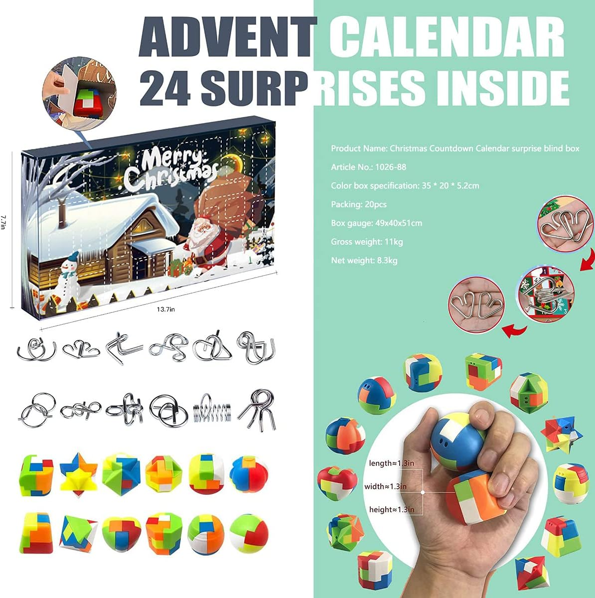 Christmas Advent Calendar 2024, 24 Days of Christmas Countdown Gift Box with 24Pcs Brain Teaser Toy, Metal Wire and Plastic Puzzles Advent Calendar for Boys, Girls, Teens, and Adults Challenge