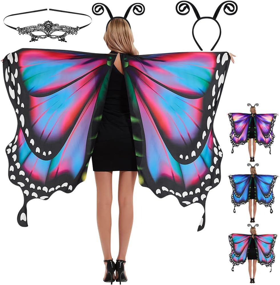 AUTOWT Halloween Butterfly Costume for Women, Adult Butterfly Wings Shawl with Masquerade Mask & Antenna Headband Kit for Ladies Cosplay Animal Avatar Photo Shoot Dress-Up Party Book Week