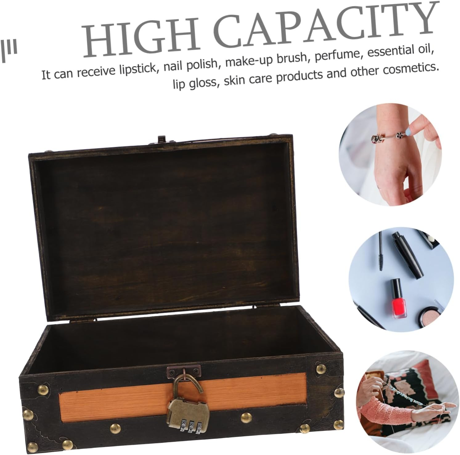 Retro Storage Box Wooden Treasure Chest Decorative Box for Cards Home Office Keepsake Trunk image number 3