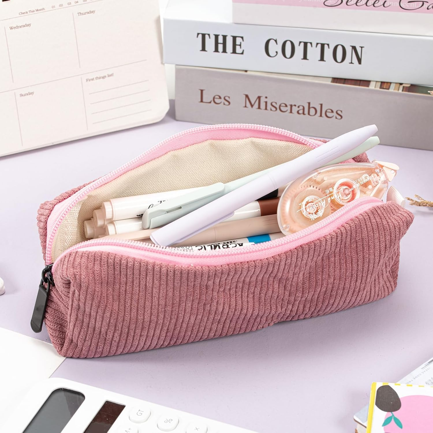 Pencil Case,Small Portable Corduroyfabric Pen Holder Storage Bag for Home School Office,Makeup Pouch Cosmetic Bag Office Stationery Organizer for Girls Boys Kids Adult (Pink) image number 1