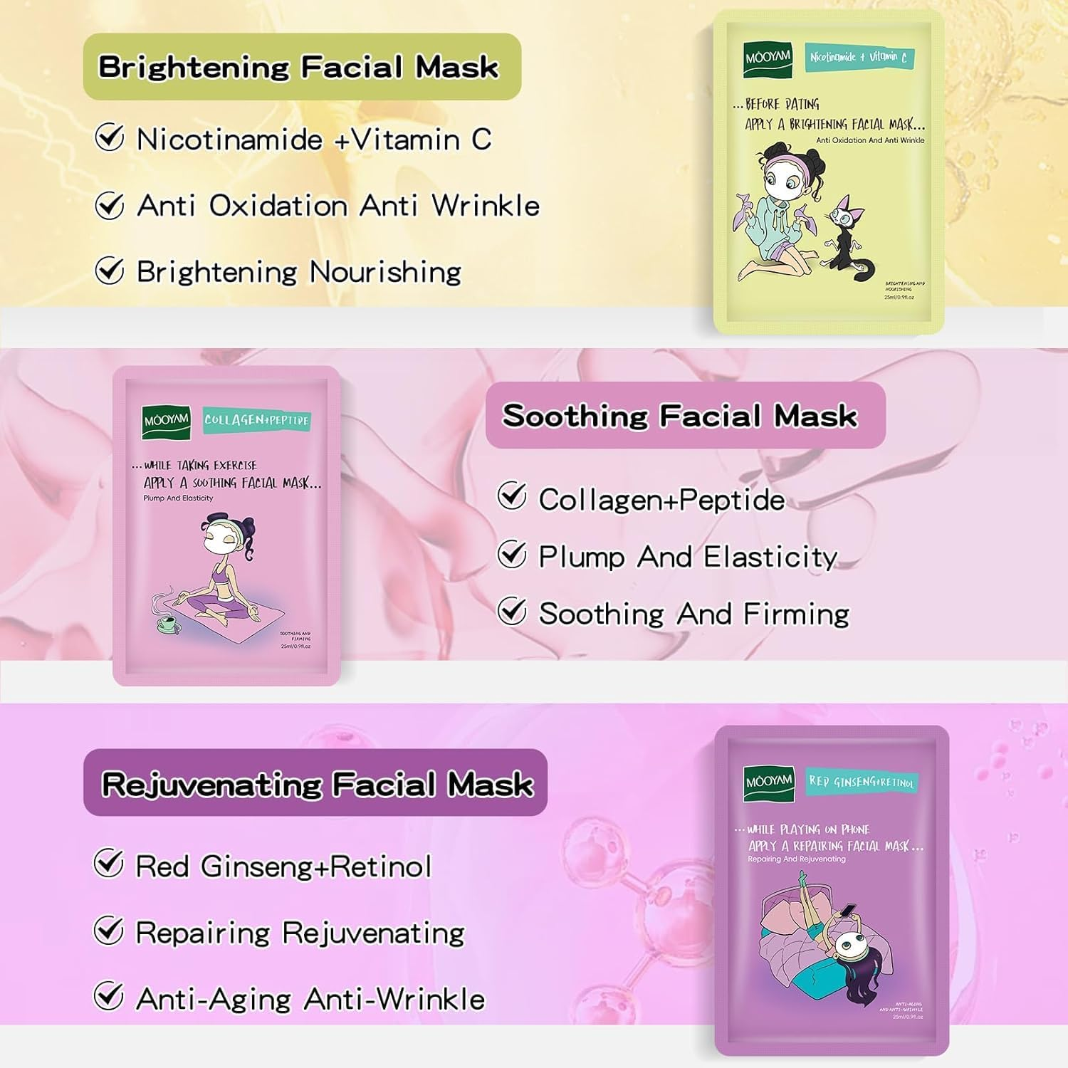 Face Masks Skincare Set for Girl,Moisturizing Collagen Facial Masks for Women Home Spa,Hyaluronic Acid Face Mask - Pore Minimizing,Elasticity Enhancing,Firming,Moisturizing,Oil Contral 25Ml (6 Pack) image number 4