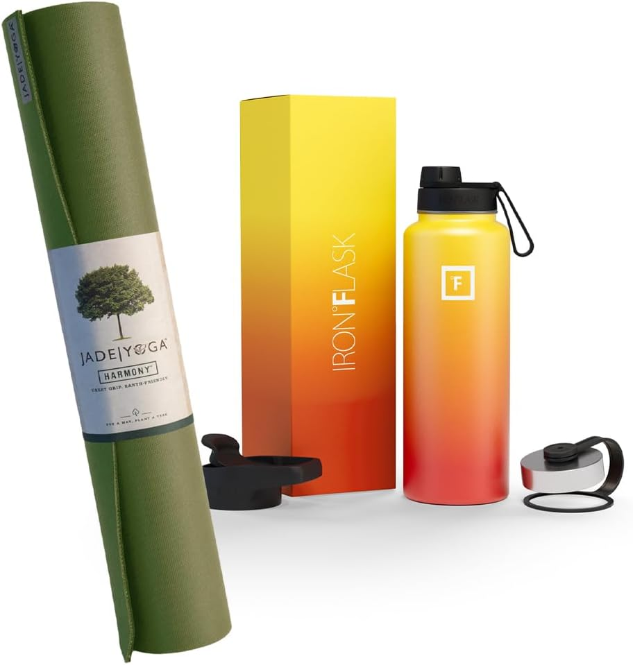 Jade Yoga Harmony Mat and Iron Flask Wide Mouth Bottle with Spout Lid, 950 Ml Capacity, Olive/Fire