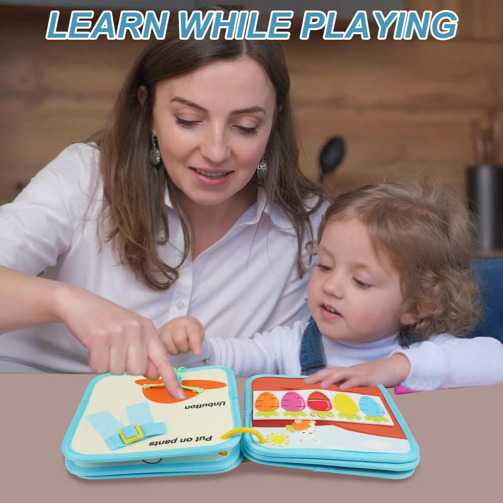 OSDUE Busy Board, Quiet Book Montessori Soft Felt Book Activity Board Motor Skills Toy for Early Education Gift Boy Girl Sensory Learning Toy for Travel Car Plane (Blue) image number 2