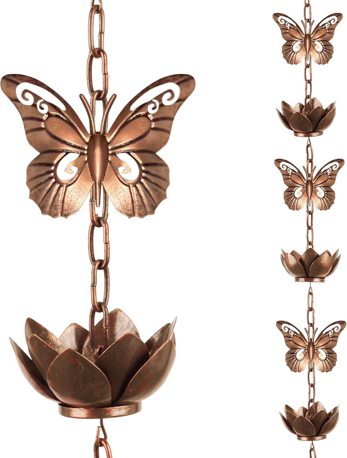 Shumi 13Ft Rain Chain for Gutters Downspouts Outside,Butterfly Rain Chain with 12 Copper Lotus Rain Chain Cups,Functional and Decorative Replacement for Gutter Downspouts