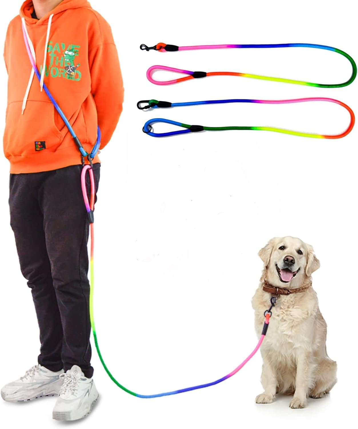 JOPOY Hands Free Dog Leash 9.8Ft Rope Crossbody Dog Leash Reflective for Large Medium Small Dogs Walking, Jogging and Running，Dog Training Leash (Rainbow, 9.8Ft) image number 2