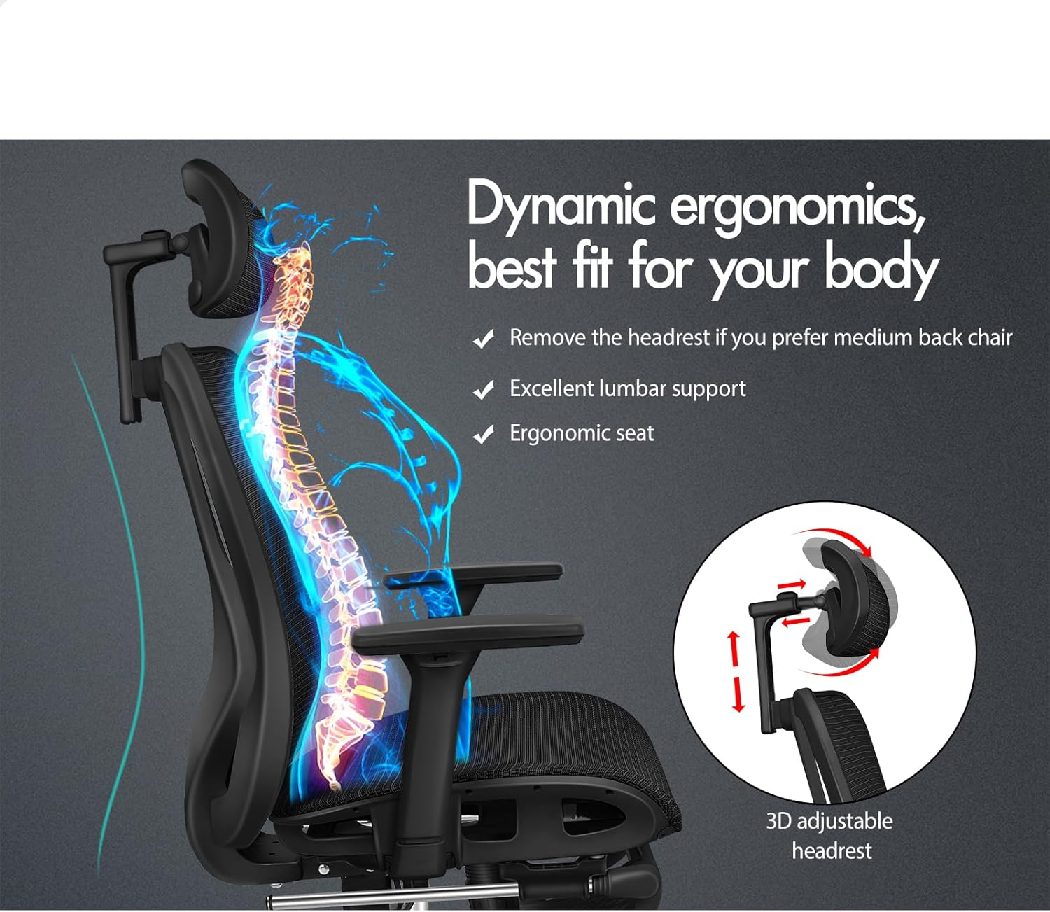 ALFORDSON Ergonomic Mesh Office Chair with 3D Armrest, Executive Study Computer Chair with Adjustable Headrest & Footrest, Recline & Tilt Gaming Desk Chair with Adaptive Lumbar Support, Black - White Black image number 4