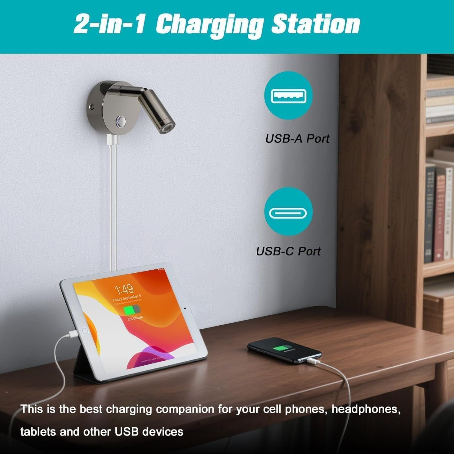 ERWEY 12 V Reading Lamp Motorhome, LED Wall Light, Bed Lamp with Switch, Touch, Dimmable, 3000 K - 6000 K, DC 12 V-24 V Spot RV Lighting with USB A+C Connections for Boat, Car, Camper, Van (Gloss image number 2