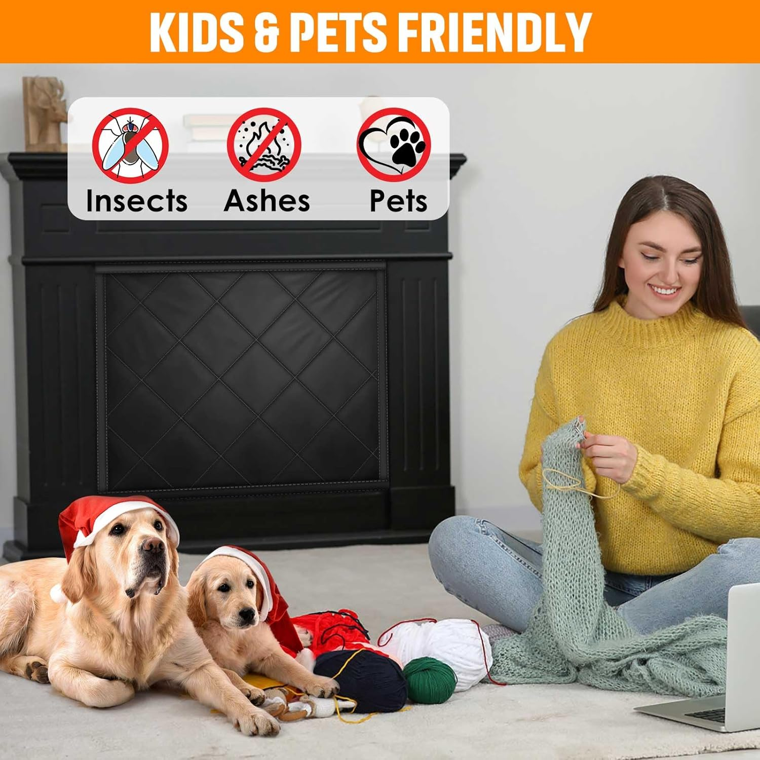 Magnetic Fireplace Draft Cover, Fireplace Blocker Blanket for Heat Loss, Indoor Draft Stopper with 12 Magnets for Iron Fireplace Frame, Fire Place Blanket for Insulation Black 36" W X 32" H