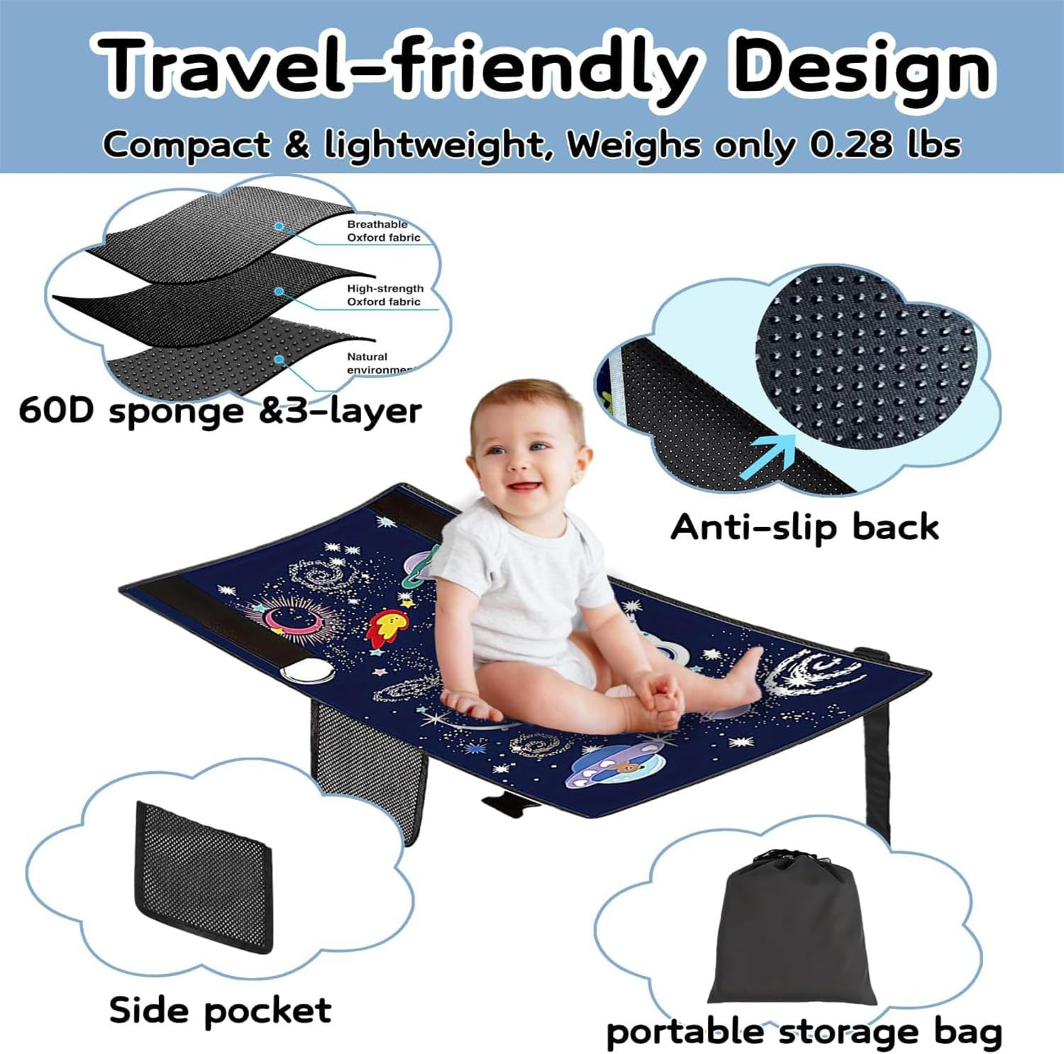 Yharnamite Airplane Seat Extender for Kids, Travel Bed for Kids, Airplane Seat Extender Portable with Side Pocket(Blue) image number 5