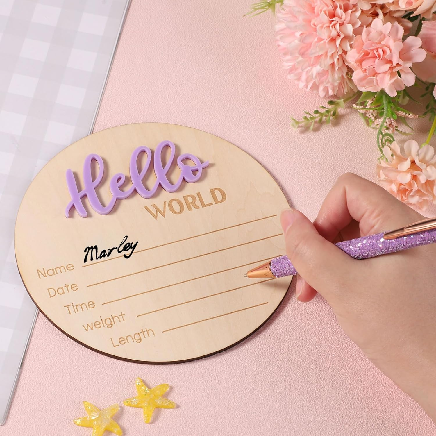 Newborn Announcement Sign, 5.9In Wooden Hello World Sign Baby Welcome Sign Birth Baby Name Plaques for Newborn Boys and Girls Photo Props Baby Shower Hospital Nursery (Light Purple) - Light Pink image number 5